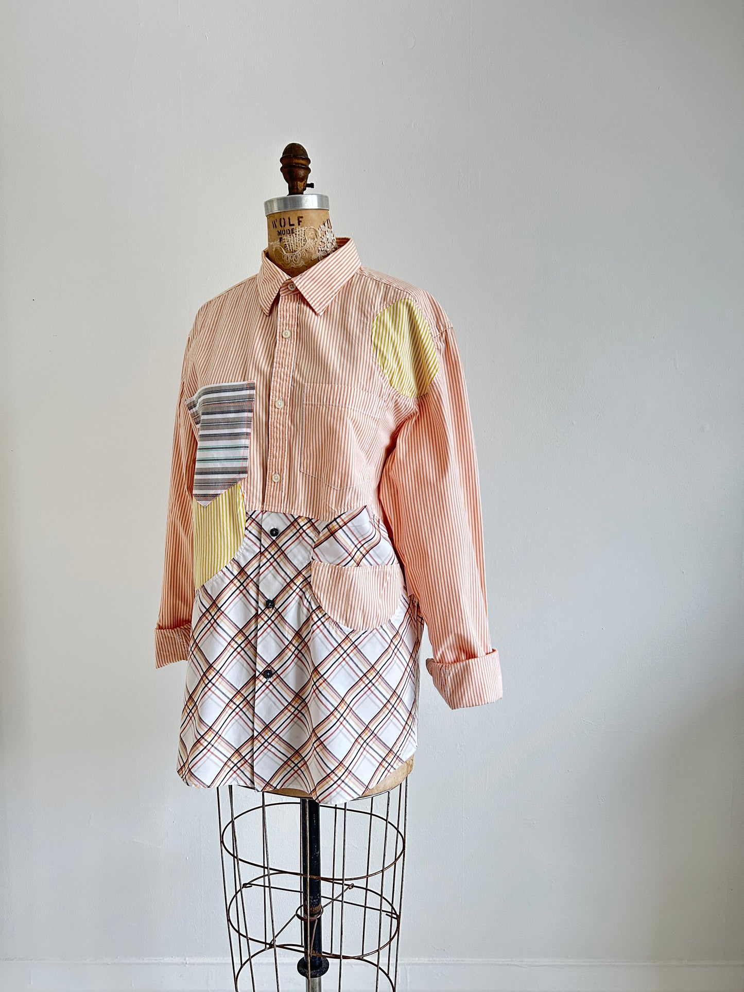 Upcycled Modern Workwear Pinstripe Shirt - Circle Series Size L/XL #PIN21