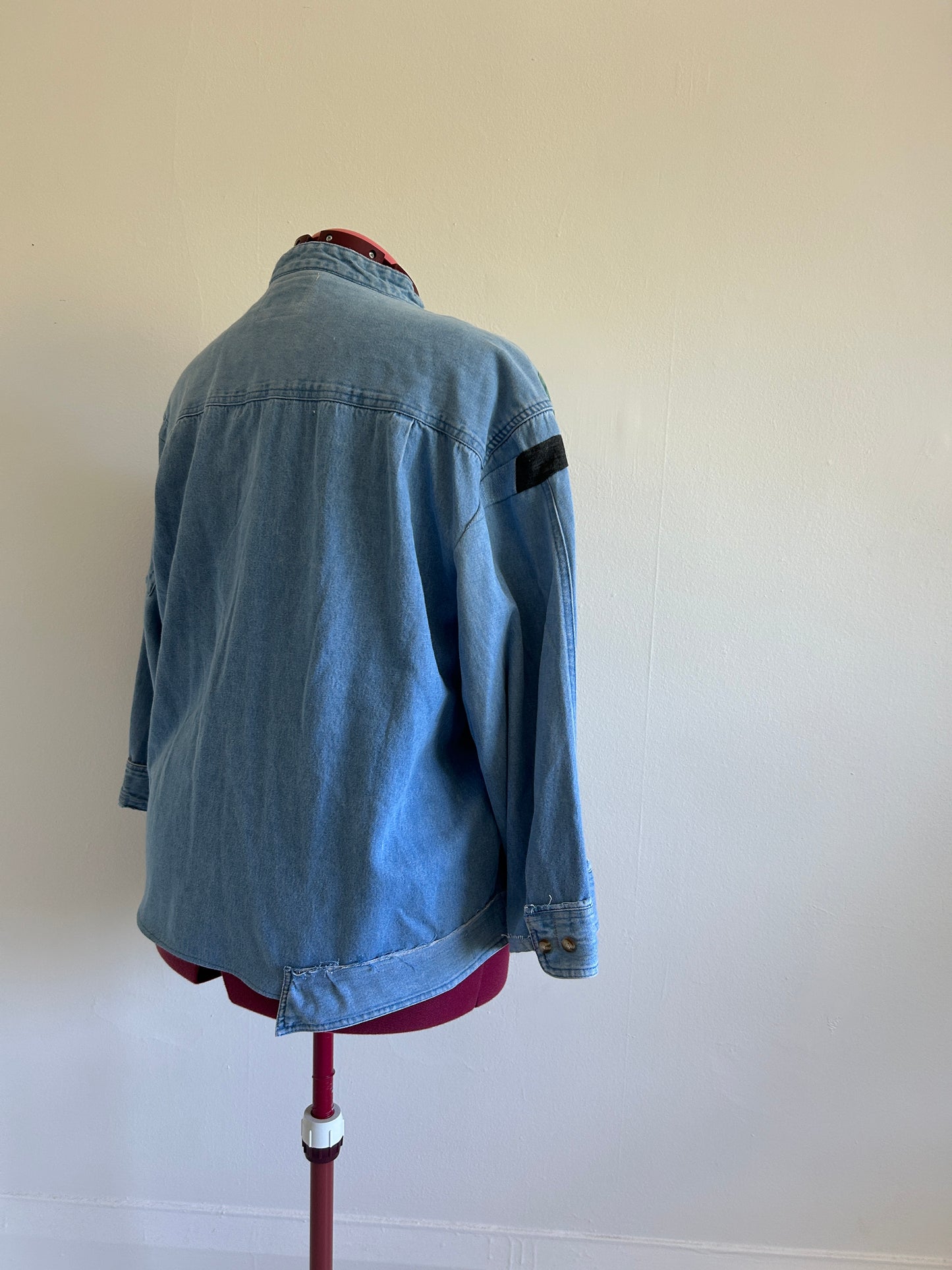 Ellis Reclaimed Patchwork Wrangler Denim Shirt with Handstitching & Hand Dyed Twill Ribbon 2X/3X #ELL6