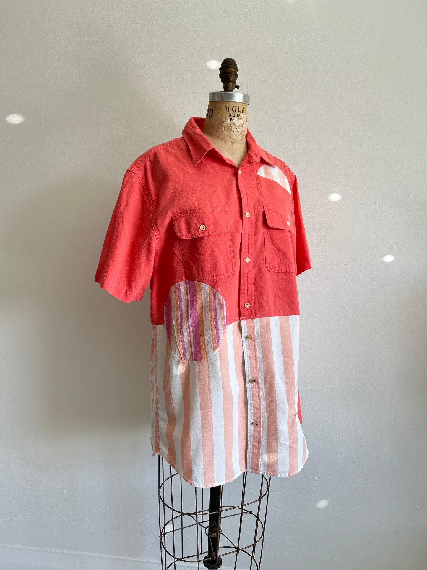 Upcycled Modern Workwear Cotton Linen Stripe Shirt - Circle Series Size M/L #PIN5
