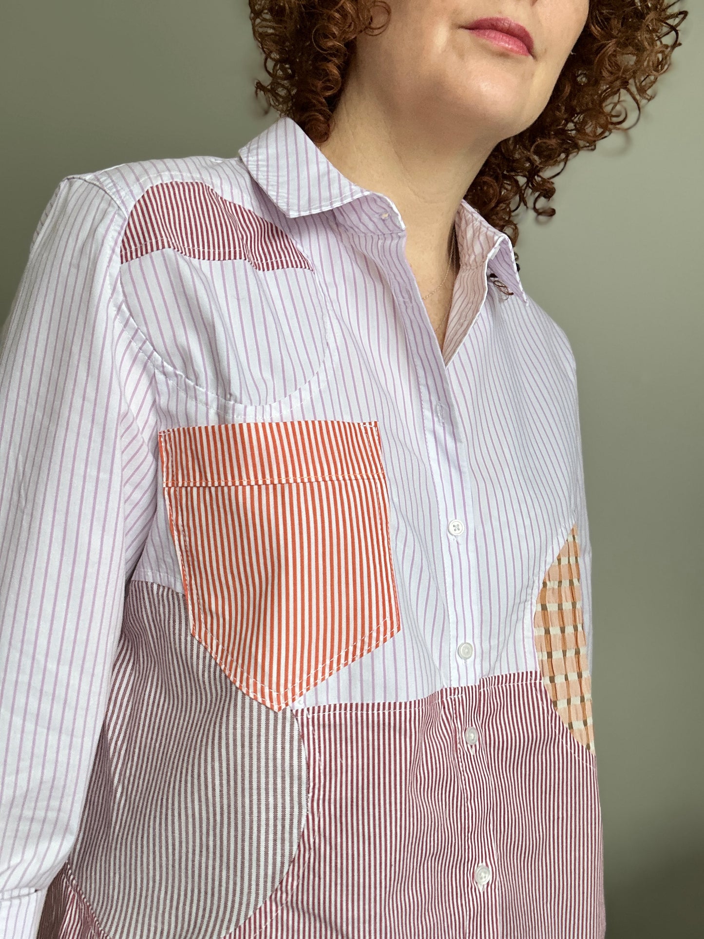 Upcycled Modern Workwear Pinstripe Shirt - Circle Series Size L/XL #PIN13