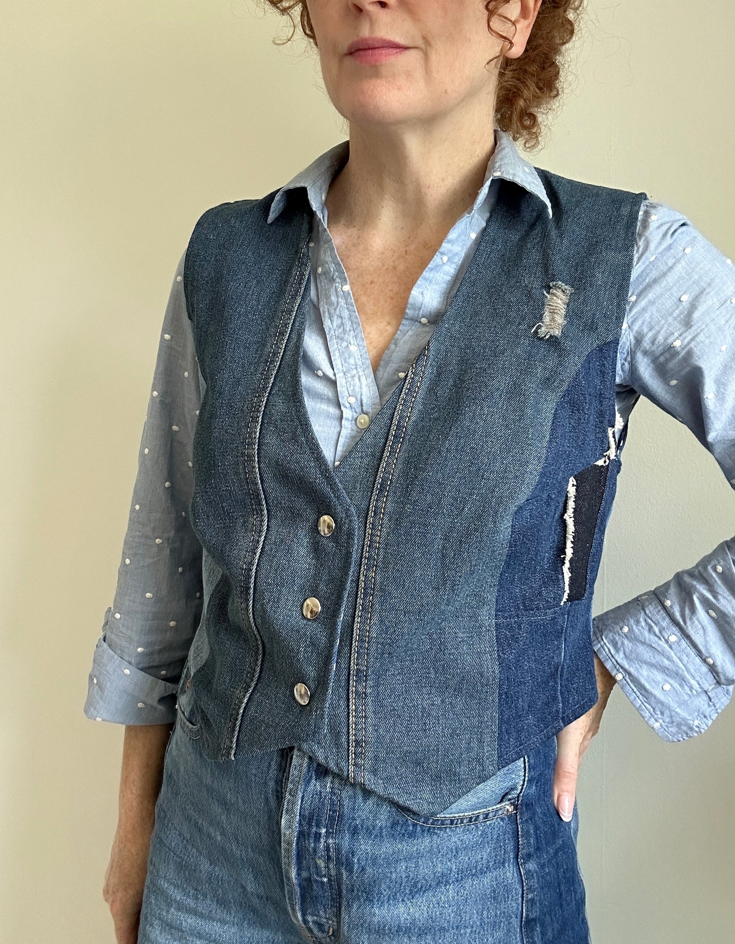 Leni Reclaimed Patchwork Denim Vest with Cotton Lining M/L #LENI7
