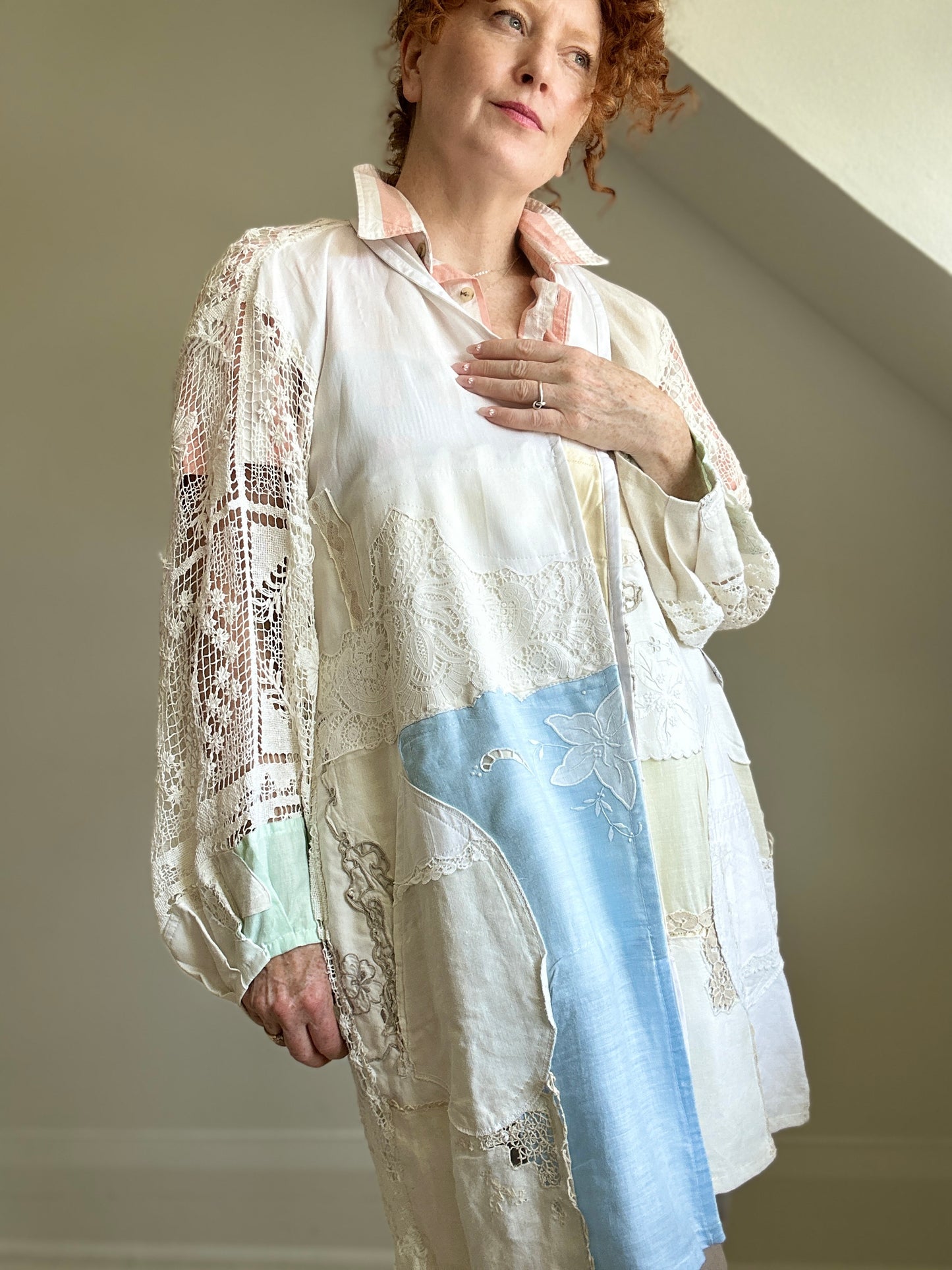 Upcycled Vintage Linen & Cotton Napkin & Crochet Patchwork Vivianne Blazer Size XL/2X #VIVC27