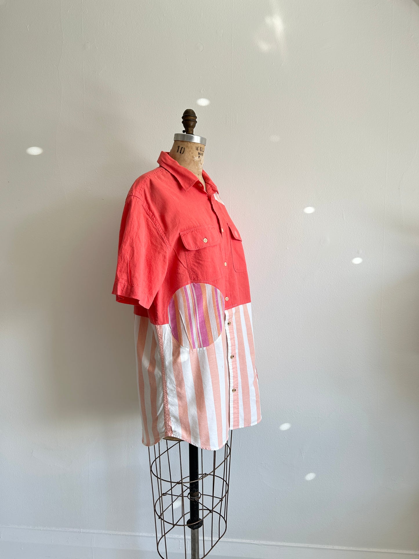 Upcycled Modern Workwear Cotton Linen Stripe Shirt - Circle Series Size M/L #PIN5