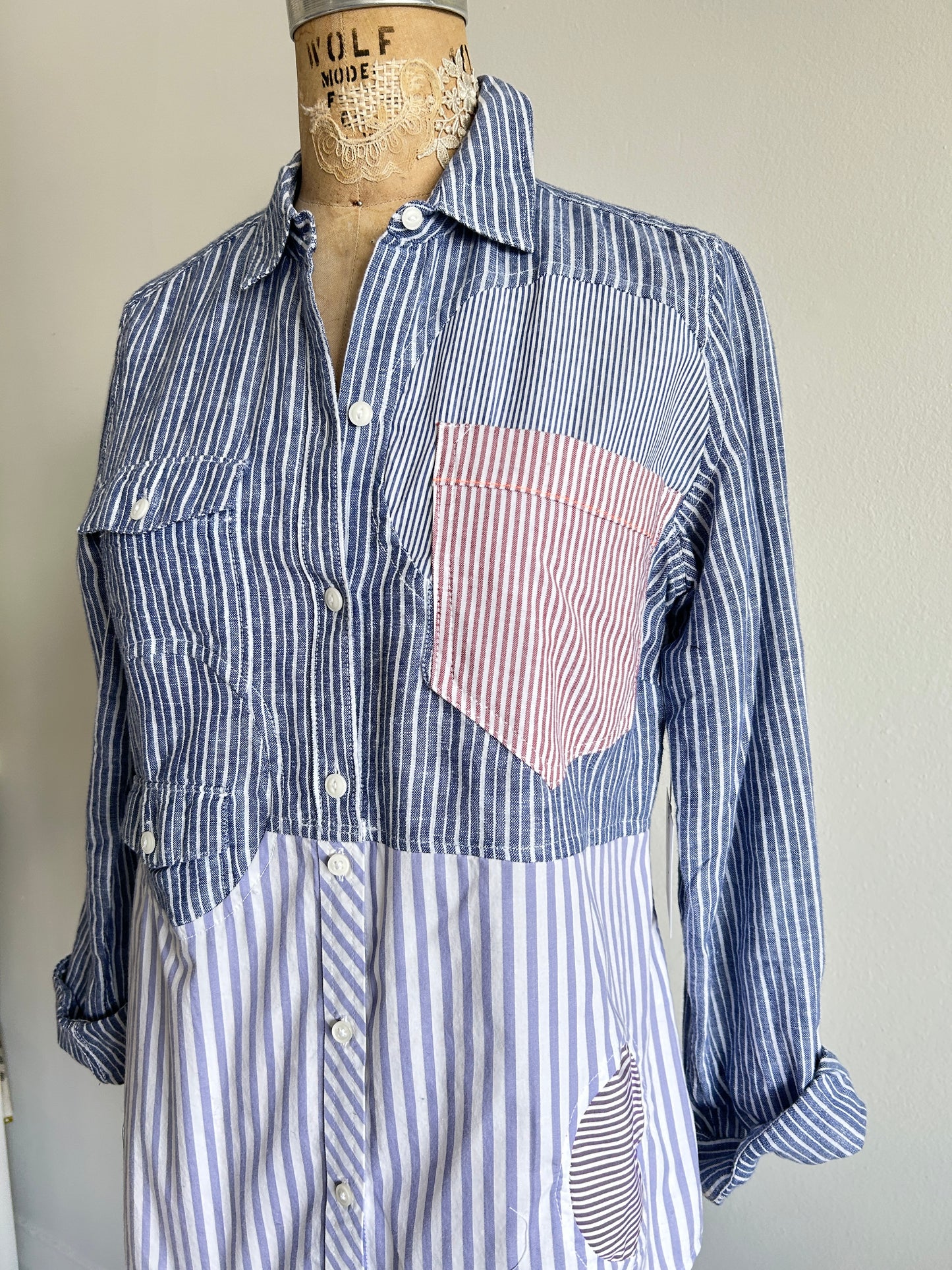 Upcycled Modern Workwear Pinstripe Shirt - Circle Series Size XS/S #PIN6