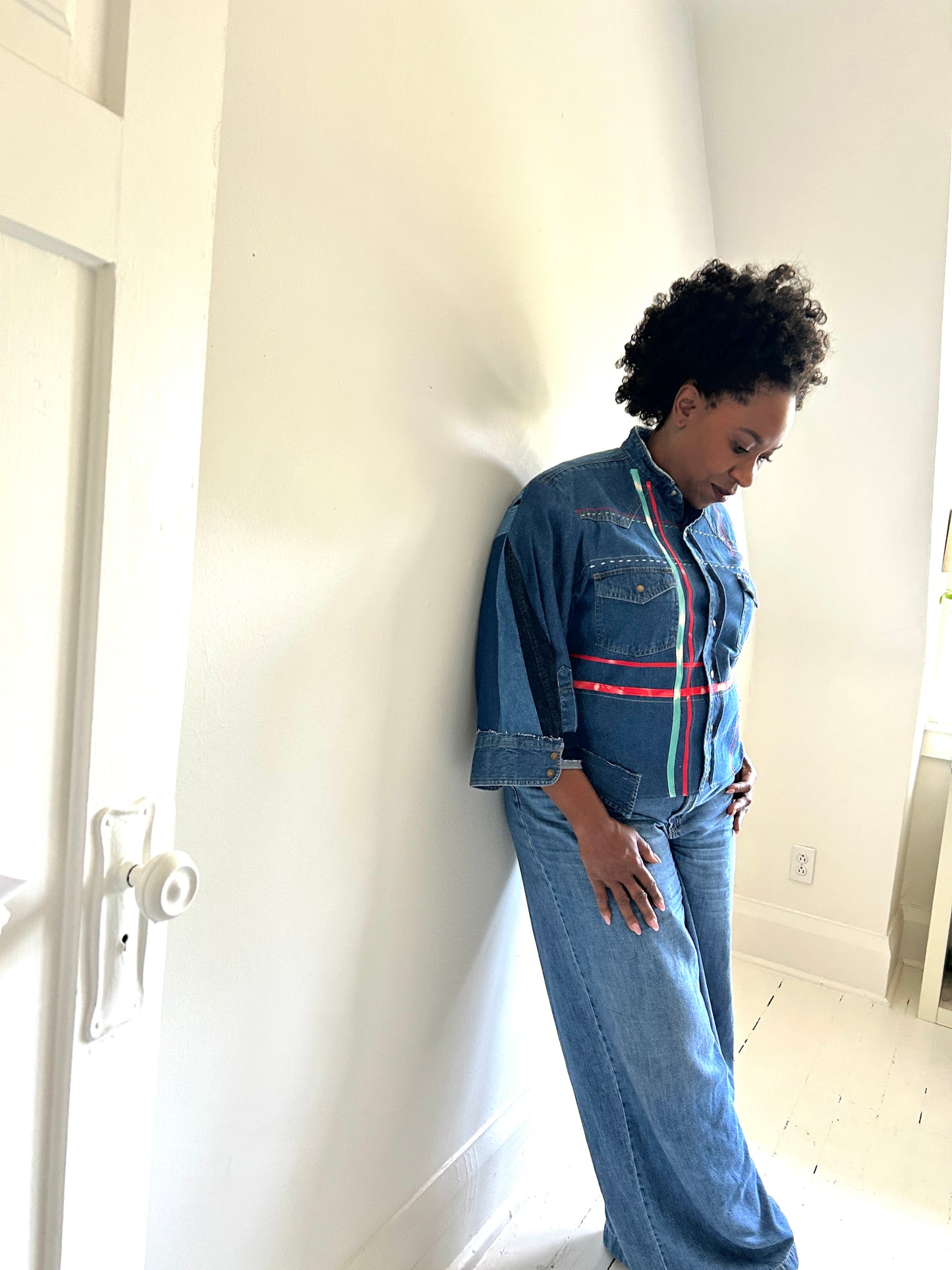 Ellis Reclaimed Patchwork Dickies Denim Shirt with Handstitching & Hand Dyed Twill Ribbon XL/2X #ELL10