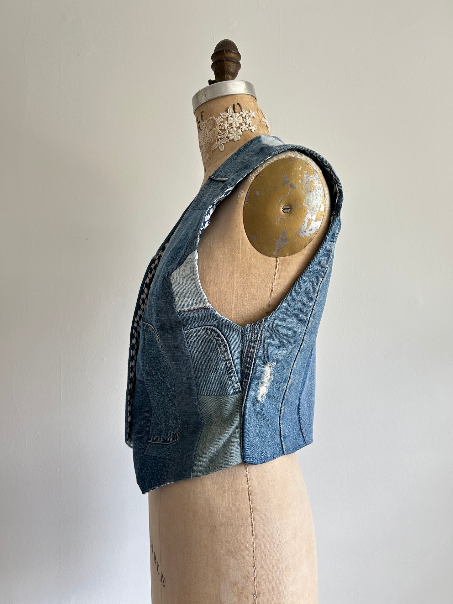 Leni Reclaimed Patchwork Denim Vest with Cotton Lining S/M #LENI3