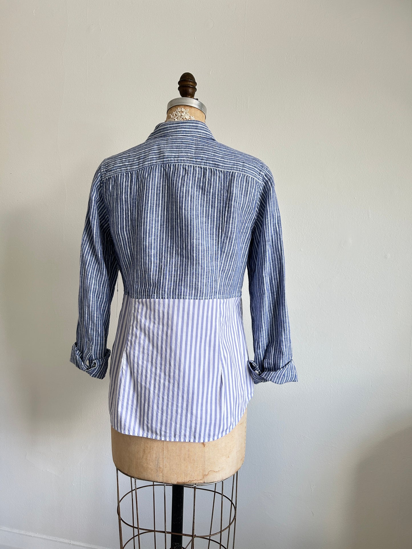 Upcycled Modern Workwear Pinstripe Shirt - Circle Series Size XS/S #PIN6