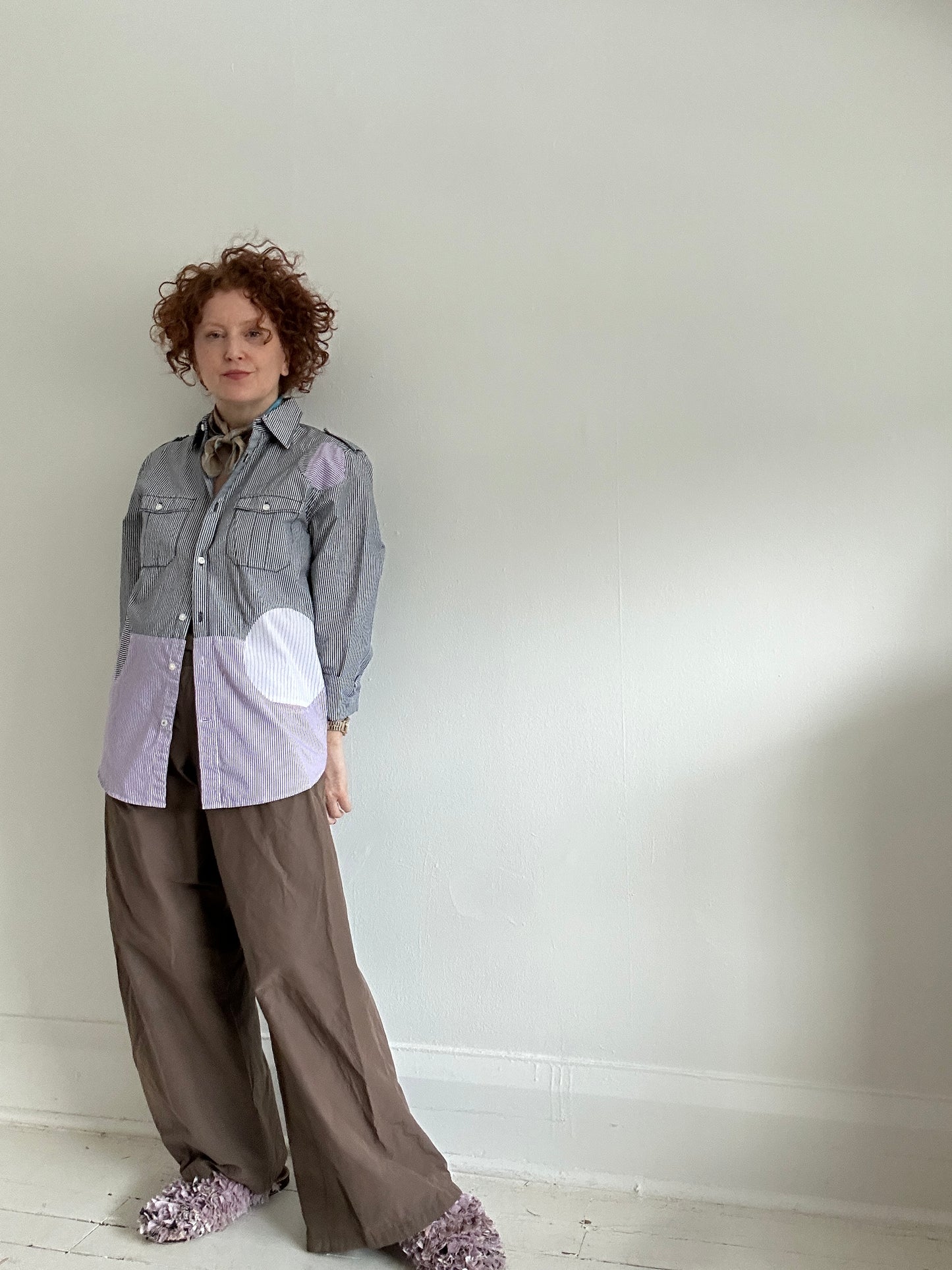 Upcycled Modern Workwear Pinstripe Shirt - Circle Series Size S/M #PIN9