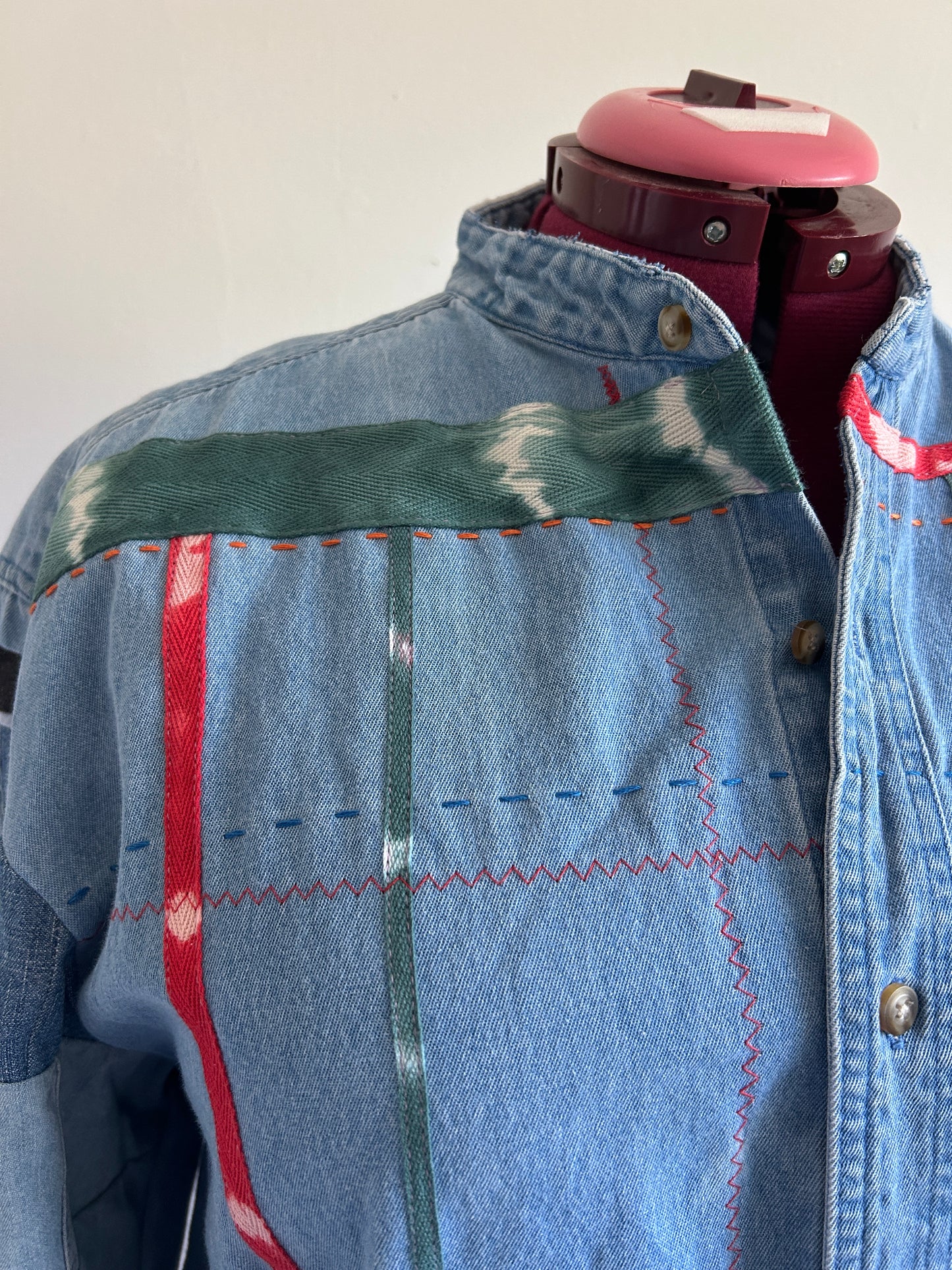 Ellis Reclaimed Patchwork Wrangler Denim Shirt with Handstitching & Hand Dyed Twill Ribbon 2X/3X #ELL6