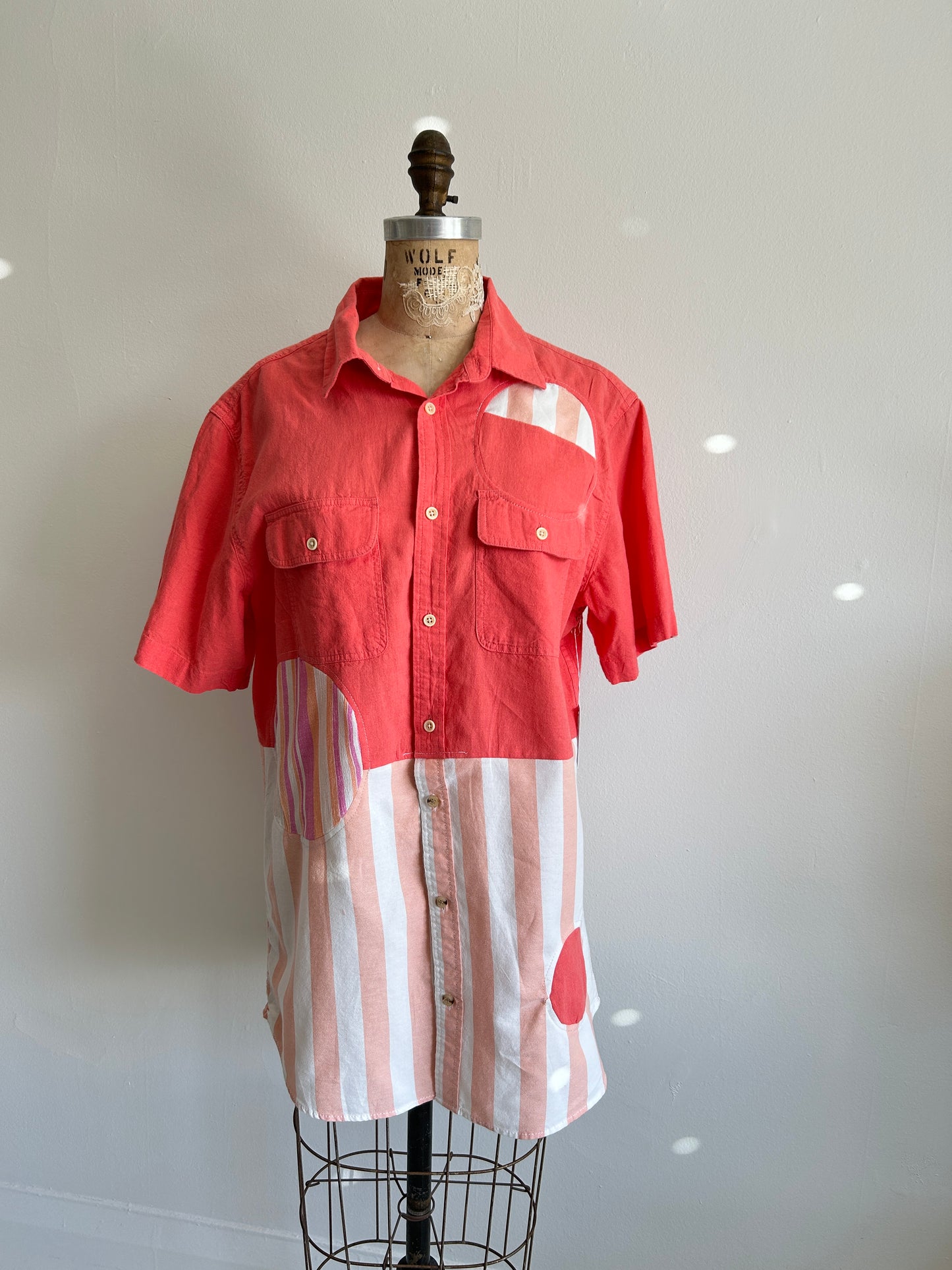 Upcycled Modern Workwear Cotton Linen Stripe Shirt - Circle Series Size M/L #PIN5