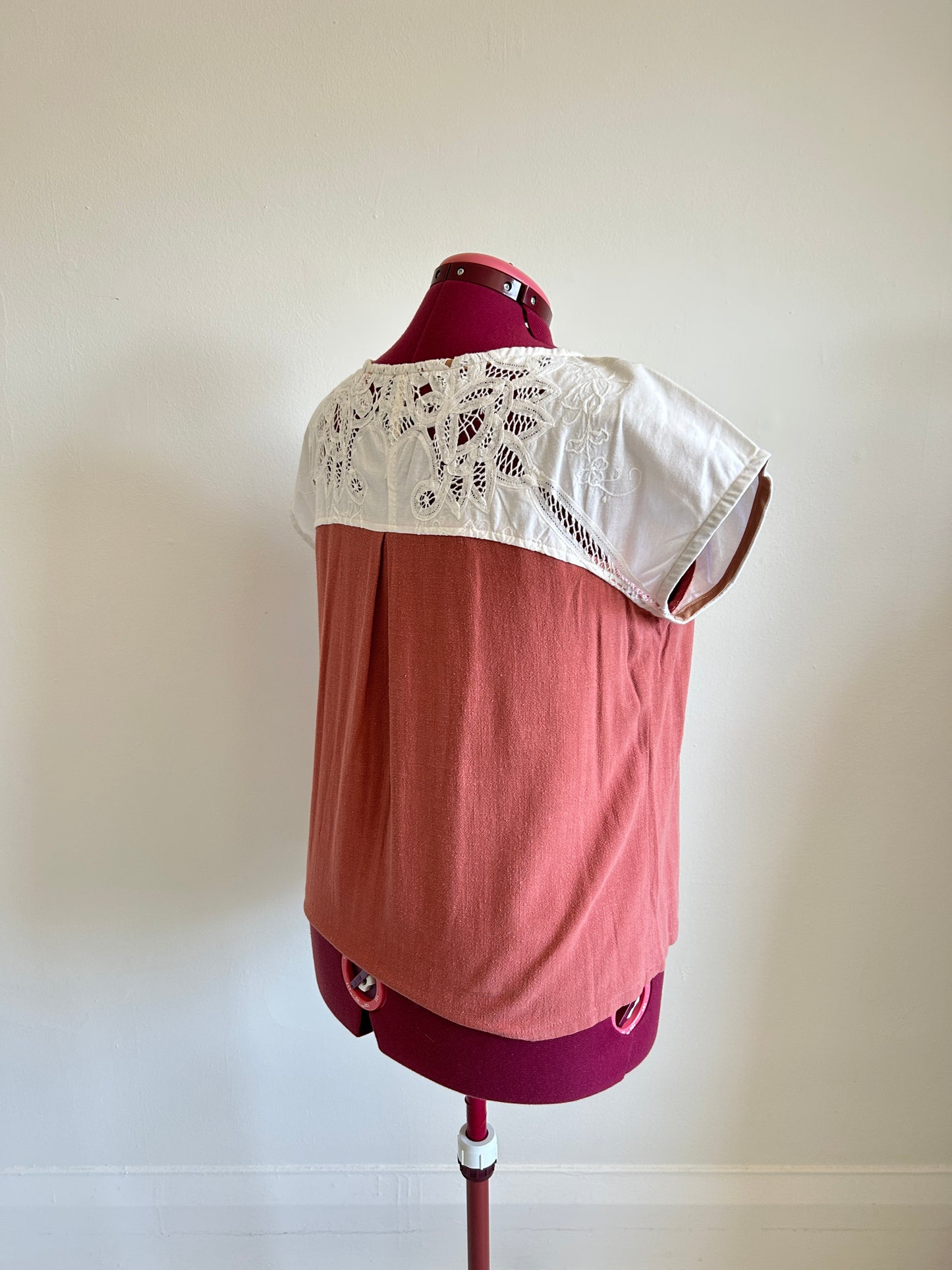 Peony Top - One of a Kind Upcycled Vintage Battenberg Lace, Cotton & Linen Size XL #PEO9
