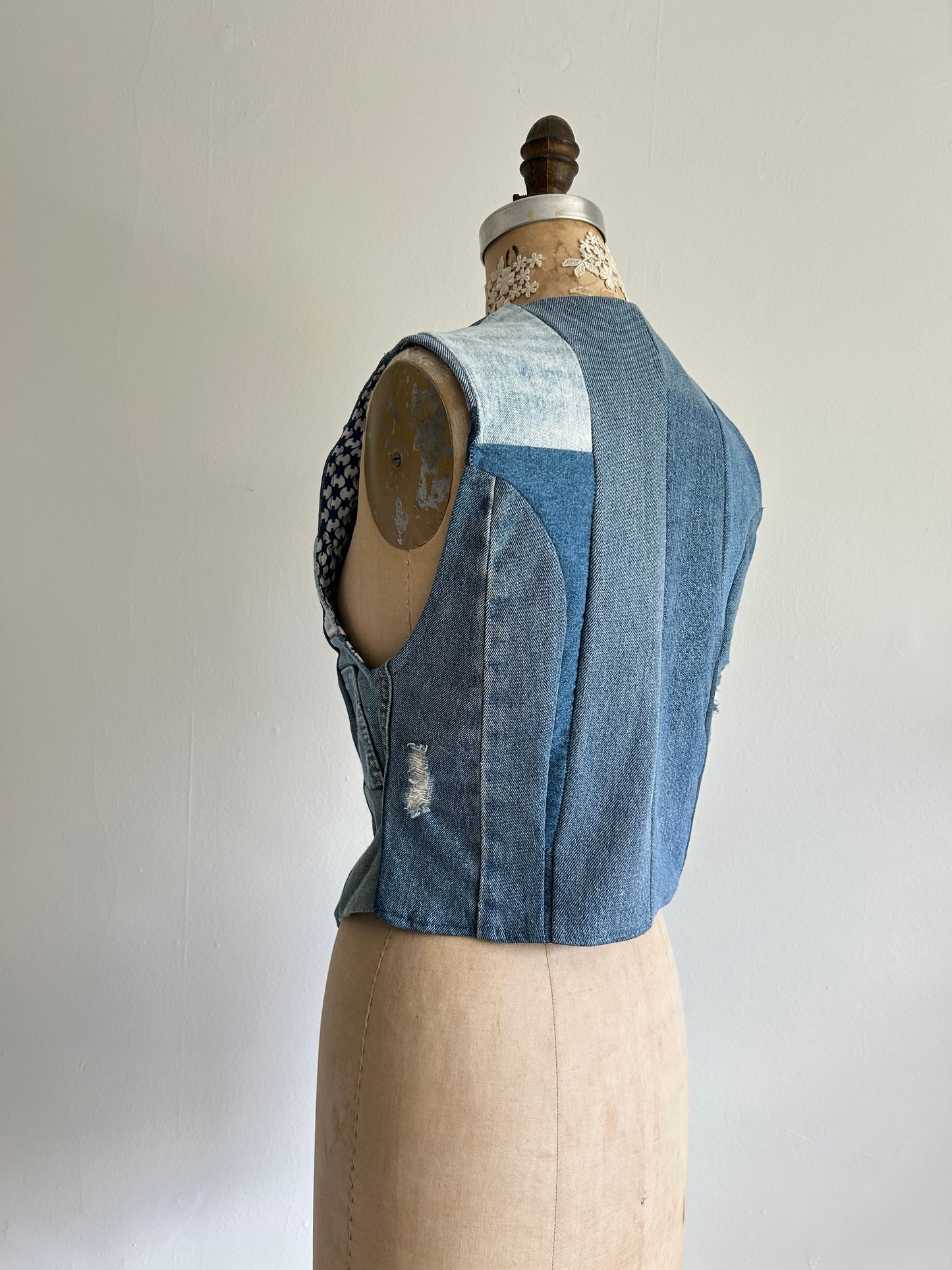 Leni Reclaimed Patchwork Denim Vest with Cotton Lining S/M #LENI3