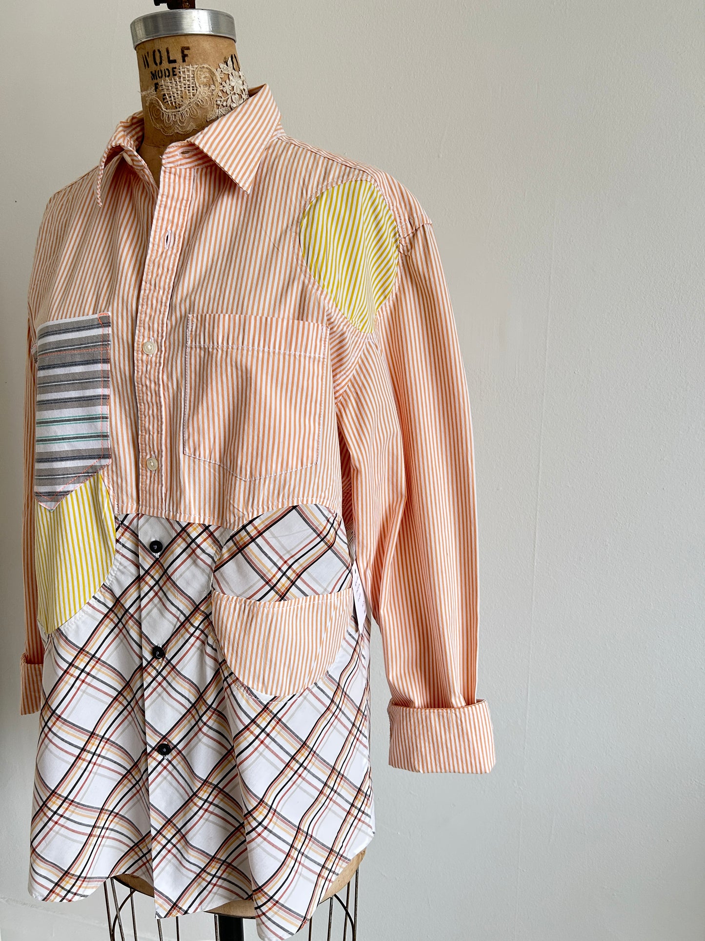 Upcycled Modern Workwear Pinstripe Shirt - Circle Series Size L/XL #PIN21