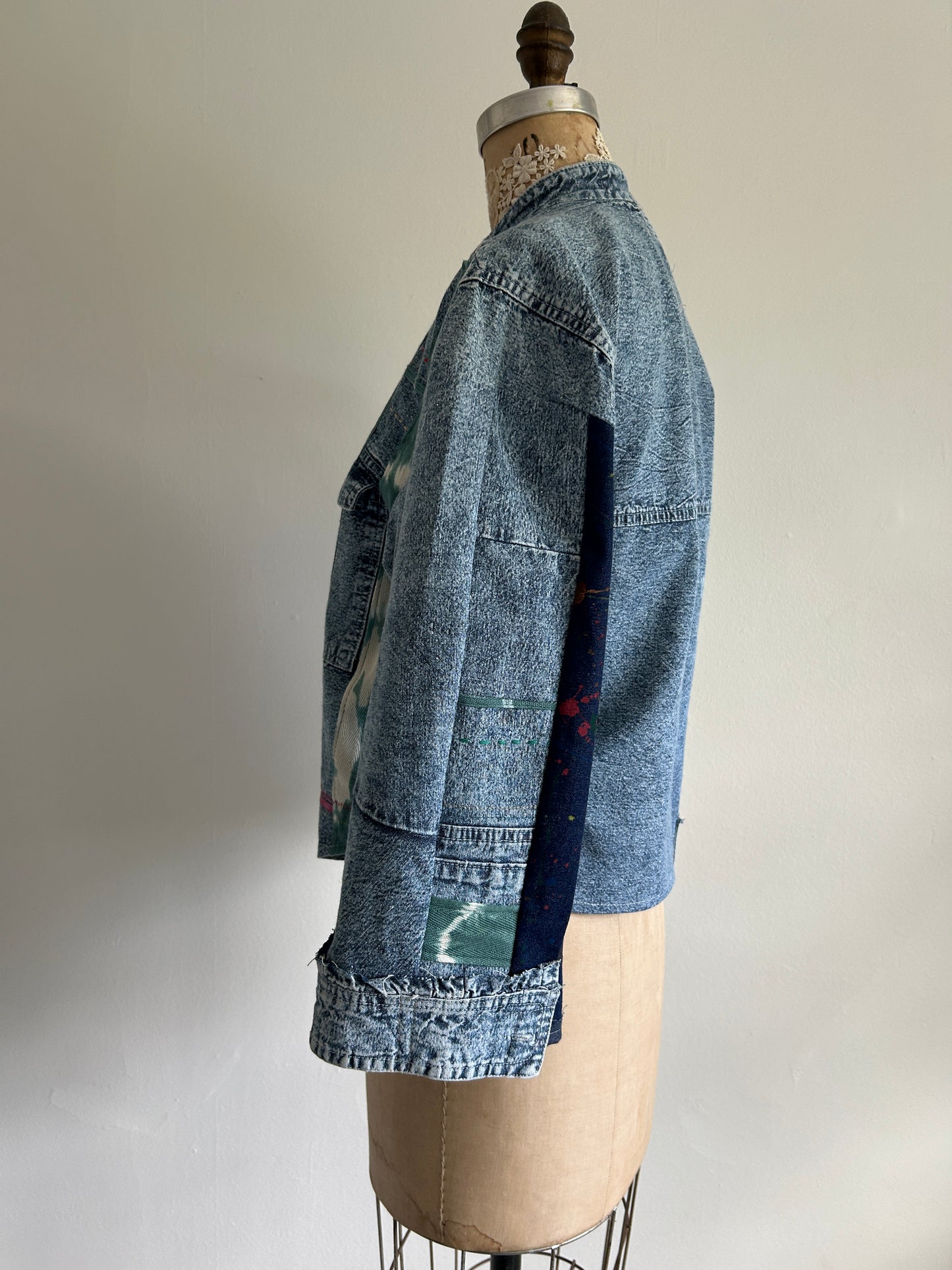 Ellis Reclaimed Patchwork Denim Shirt with Handstitching & Hand Dyed Twill Ribbon XS/S #ELL2