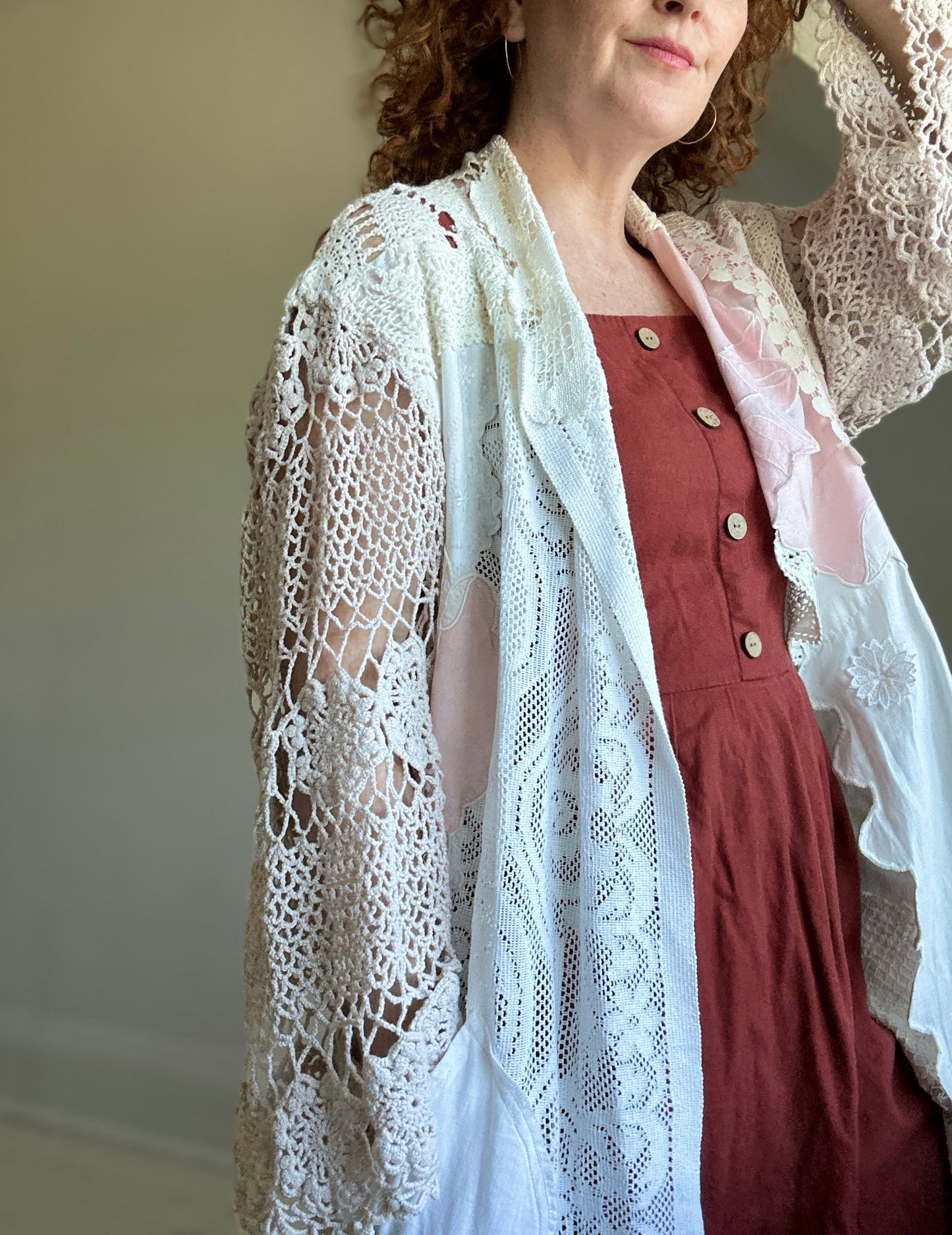 Vivianne Duster with Upcycled Cotton Crochet & Lace Patchwork Size M/L #VIVCR8