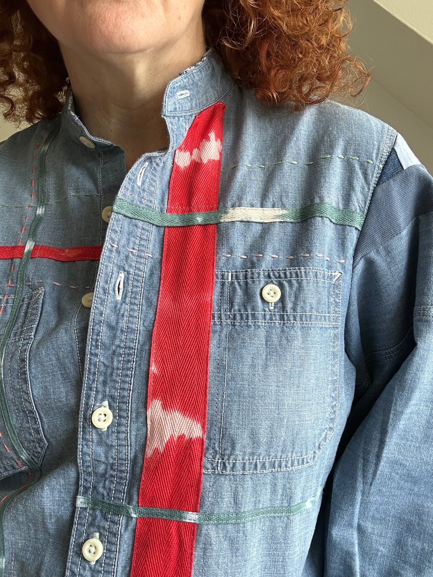 Ellis Reclaimed Patchwork Denim Shirt with Handstitching & Hand Dyed Twill Ribbon M/L #ELL4