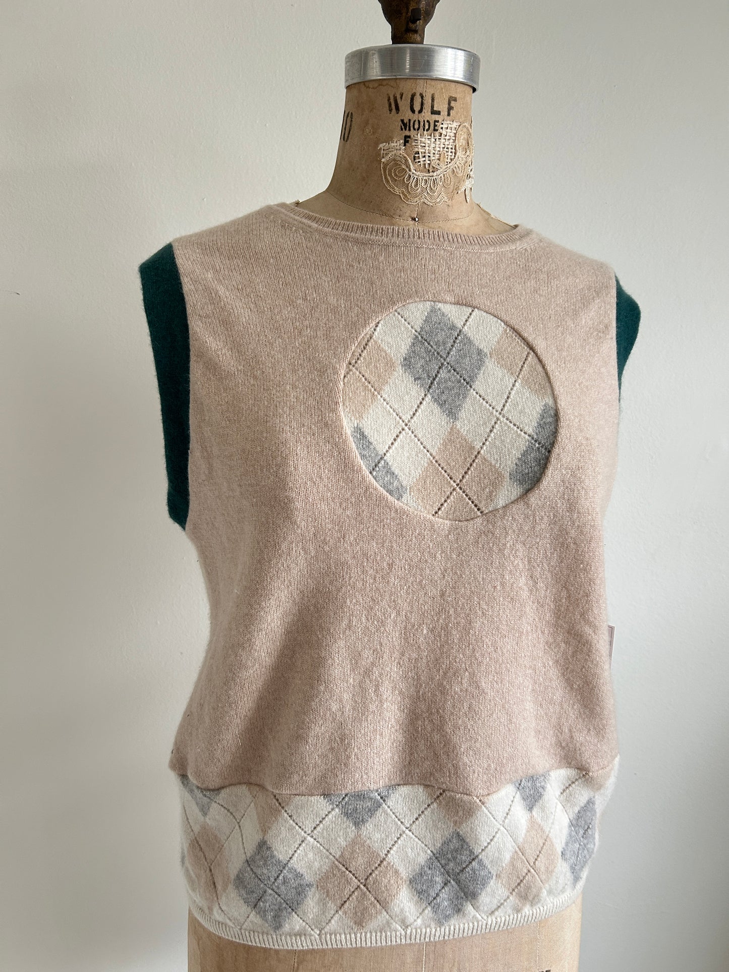 Abstract Art Patched Upcycled Cashmere Vest Size L/XL #ARTV