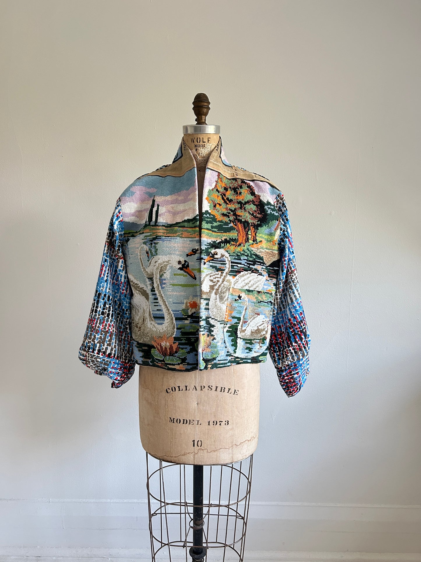 Vivianne Cropped Jacket with Vintage Needlepoint Swans Size M/L #VIVT21