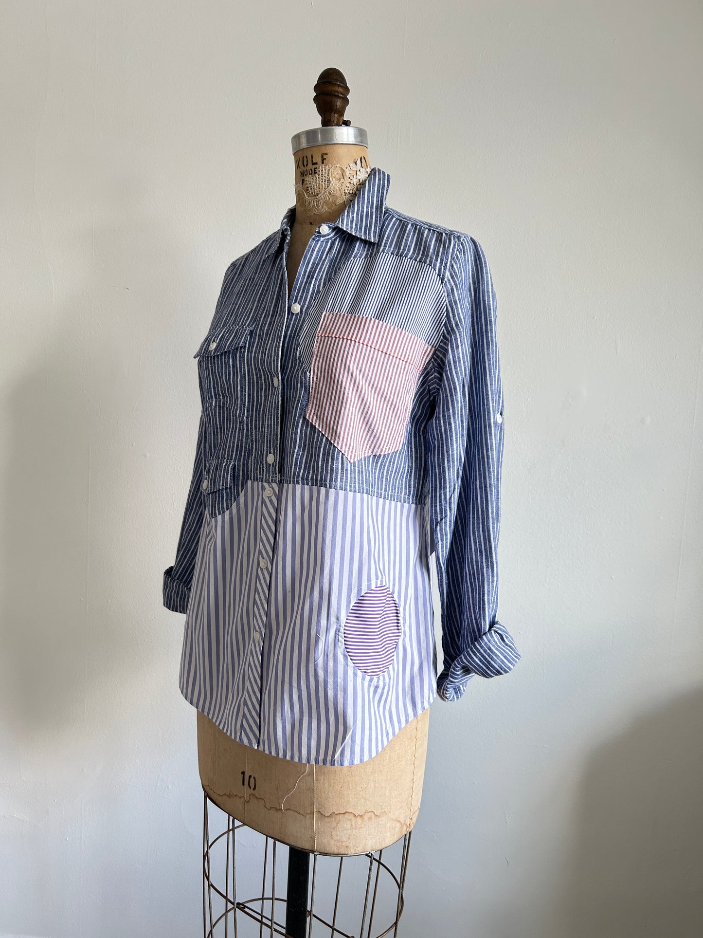 Upcycled Modern Workwear Pinstripe Shirt - Circle Series Size XS/S #PIN6