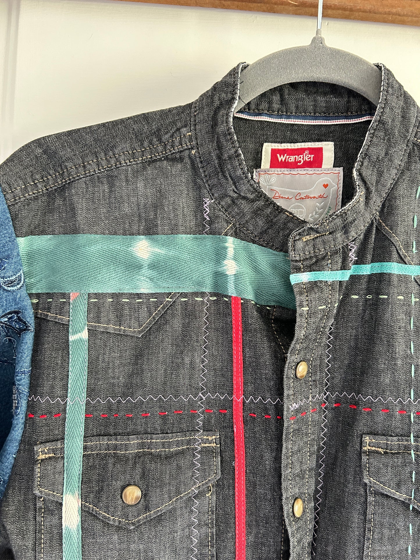 Ellis Reclaimed Patchwork Wrangler Denim Shirt with Handstitching & Hand Dyed Twill Ribbon M/L #ELL9