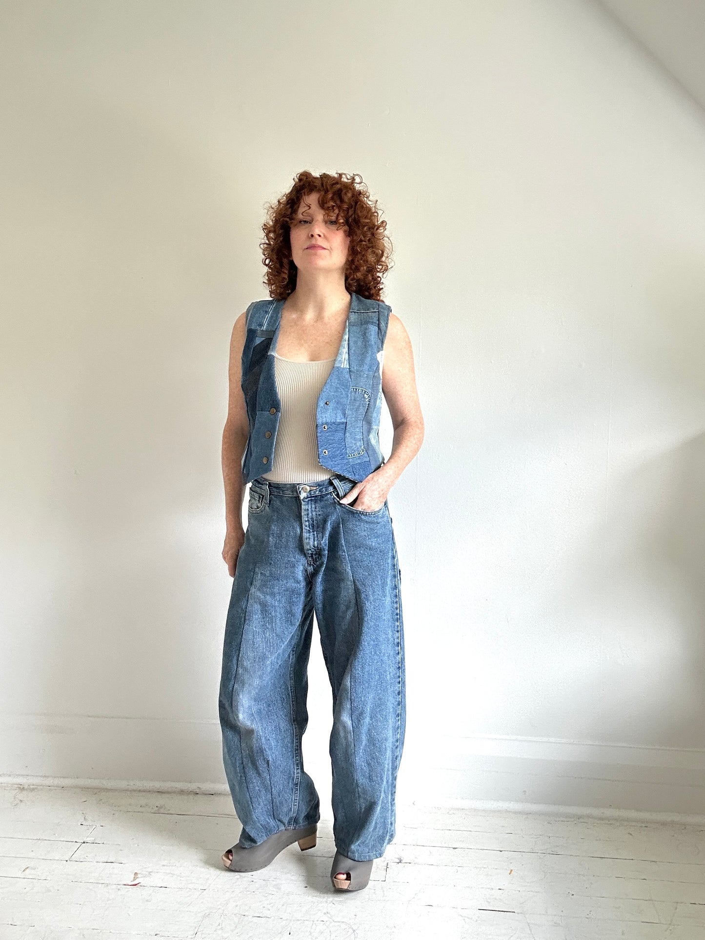 Leni Reclaimed Patchwork Denim Vest with Cotton Lining S/M #LENI3