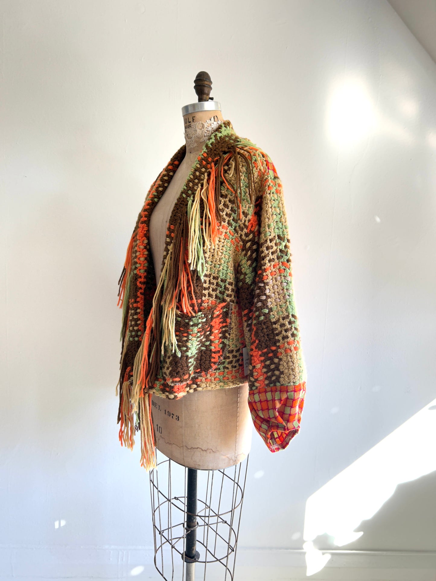 Vivianne Cropped Jacket with Upcycled Handmade Afghan & Wool Size M/L #CVCWML4