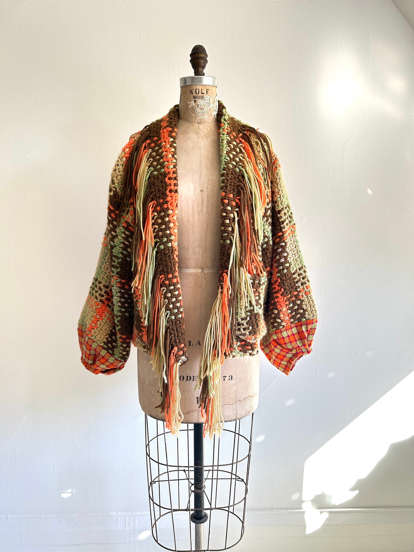 Vivianne Cropped Jacket with Upcycled Handmade Afghan & Wool Size M/L #CVCWML4