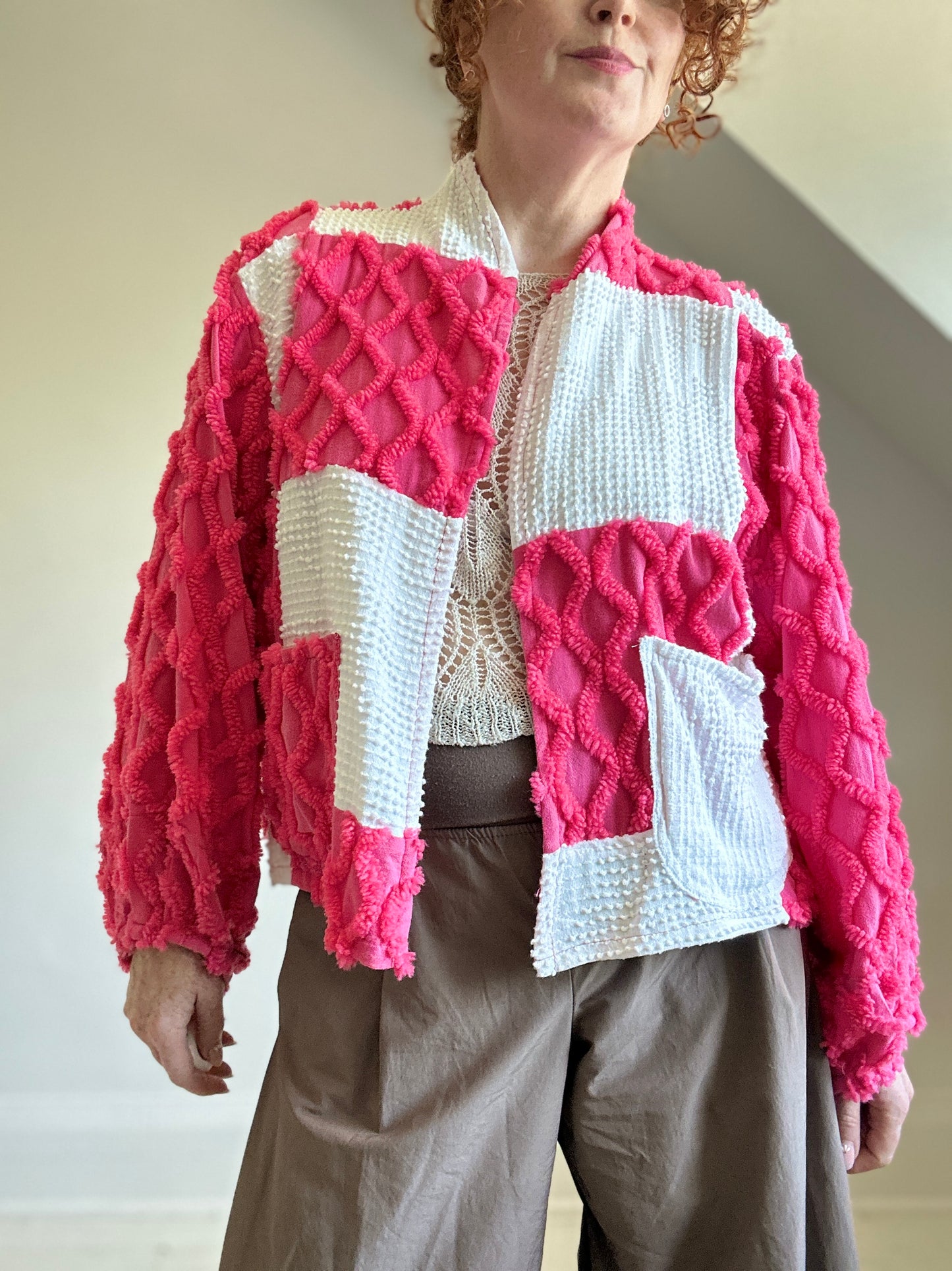 Vivianne Cropped Jacket with Checker board Upcycled Vintage Chenille Size XL/2X #VIVCH1