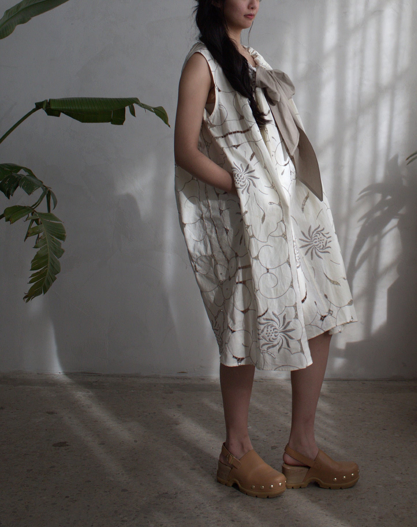 Marlowe Midi Dress with Upcycled Vintage Cut Lace Cotton O/S # MAR5