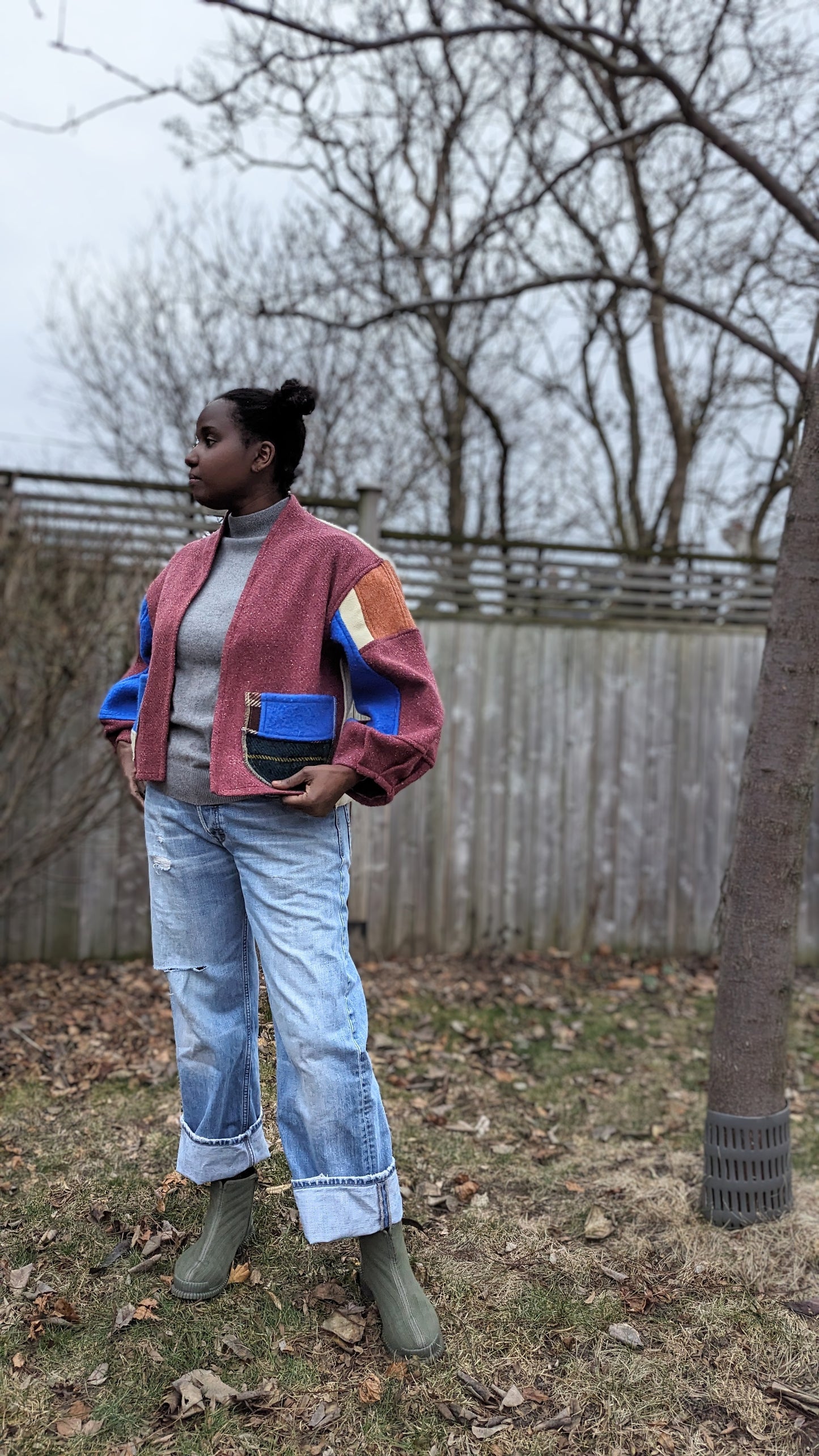 Vivianne Cropped Jacket with Upcycled Vintage Wool Blanket Patchwork Size M/L #VIVW30