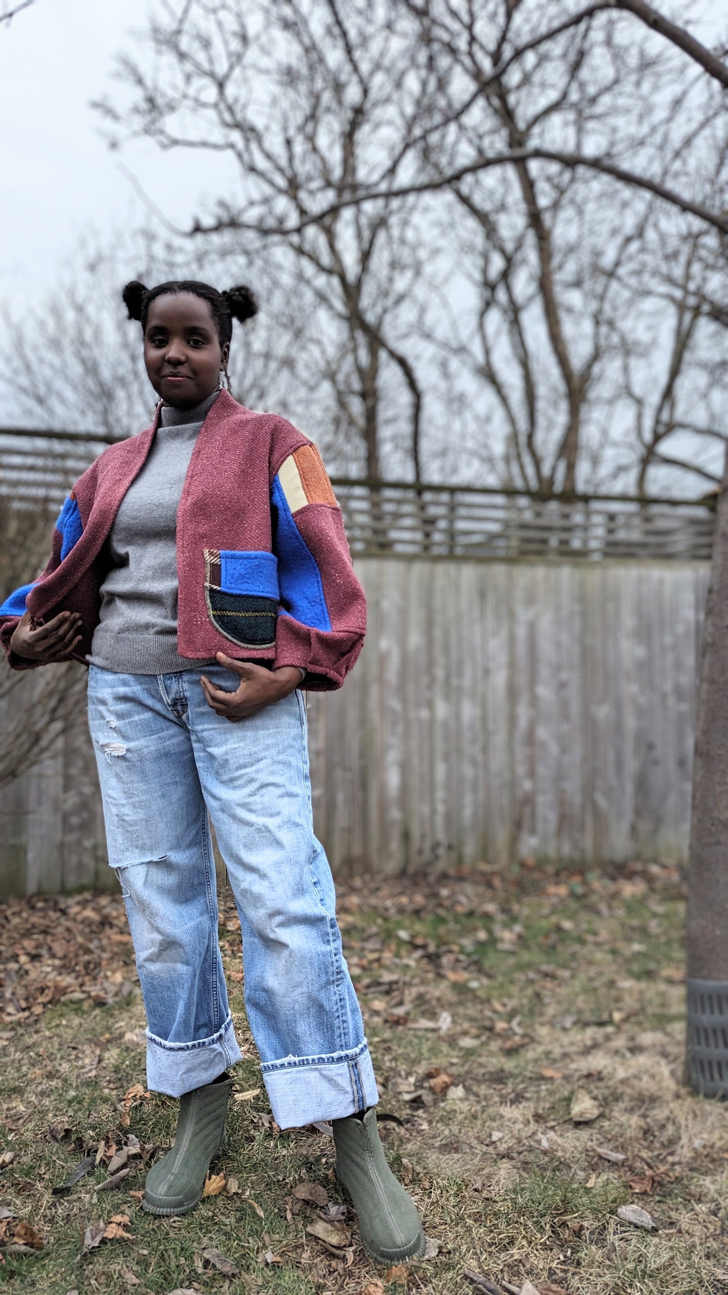 Vivianne Cropped Jacket with Upcycled Vintage Wool Blanket Patchwork Size M/L #VIVW30