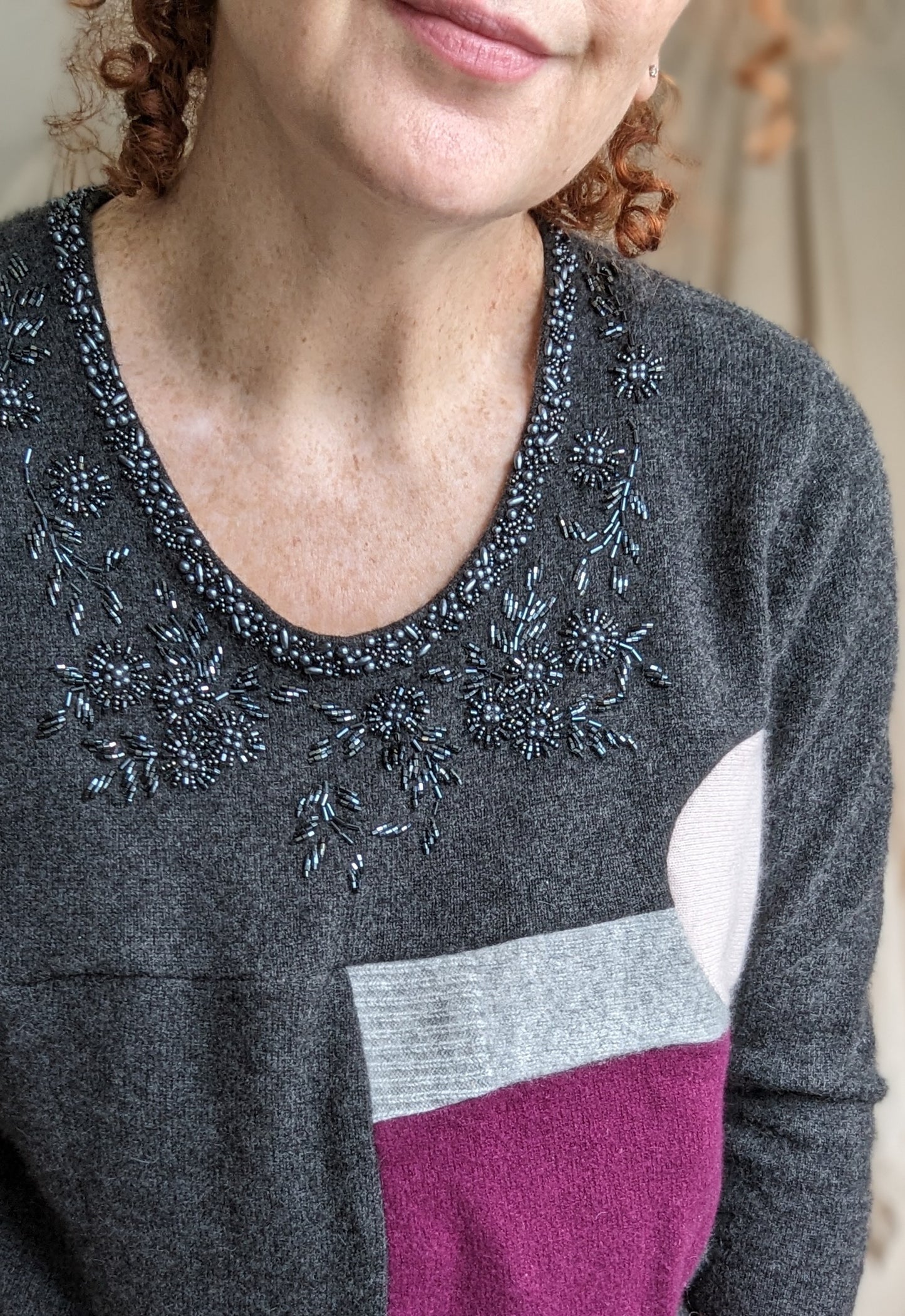 Abstract Art Patched Upcycled Beaded Cashmere Sweater M-XL #ART8