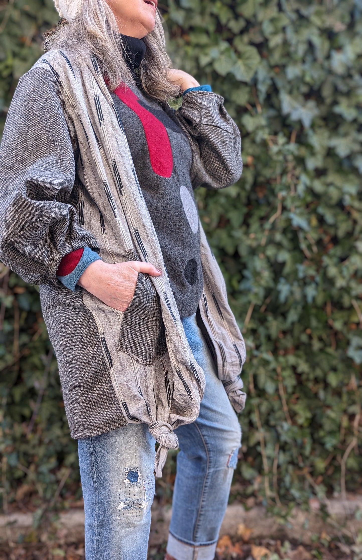 Vivianne Jacket with Upcycled Vintage Lightweight Wool Tweed and Knotted Cotton Woven Size XL/2X #VIVW40