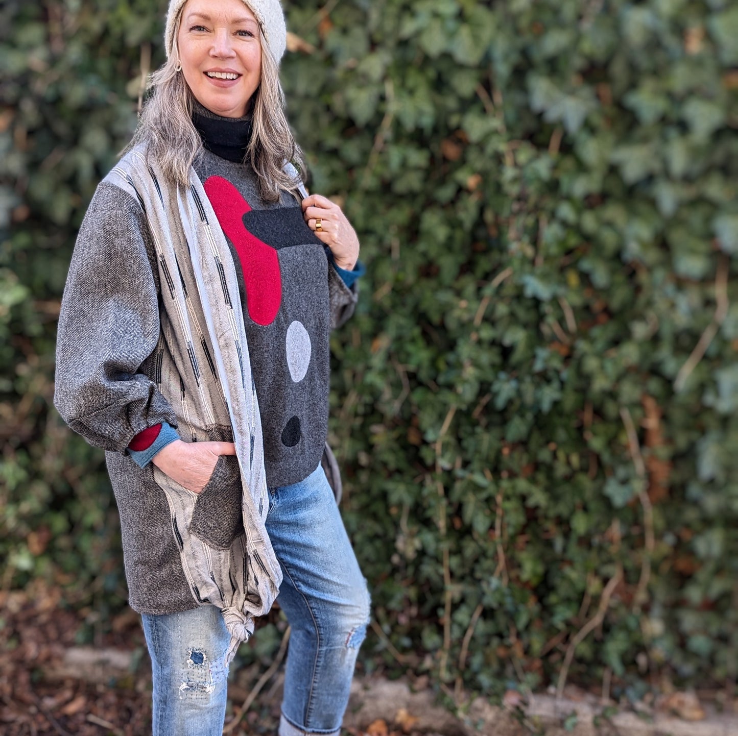 Vivianne Jacket with Upcycled Vintage Lightweight Wool Tweed and Knotted Cotton Woven Size XL/2X #VIVW40