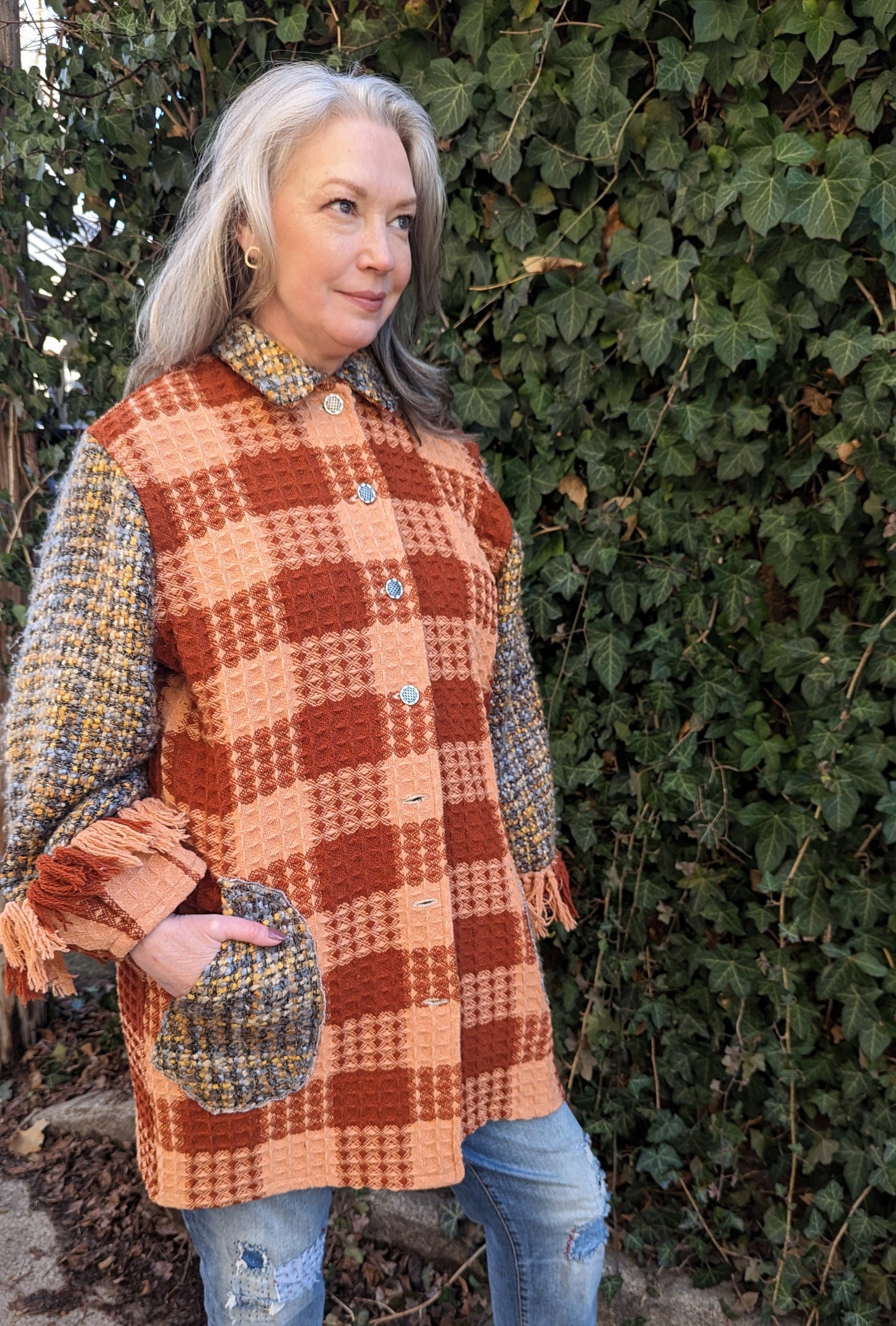Inga Jacket with Upcycled Vintage Wool & Woven Blankets XL/2X #INGA14