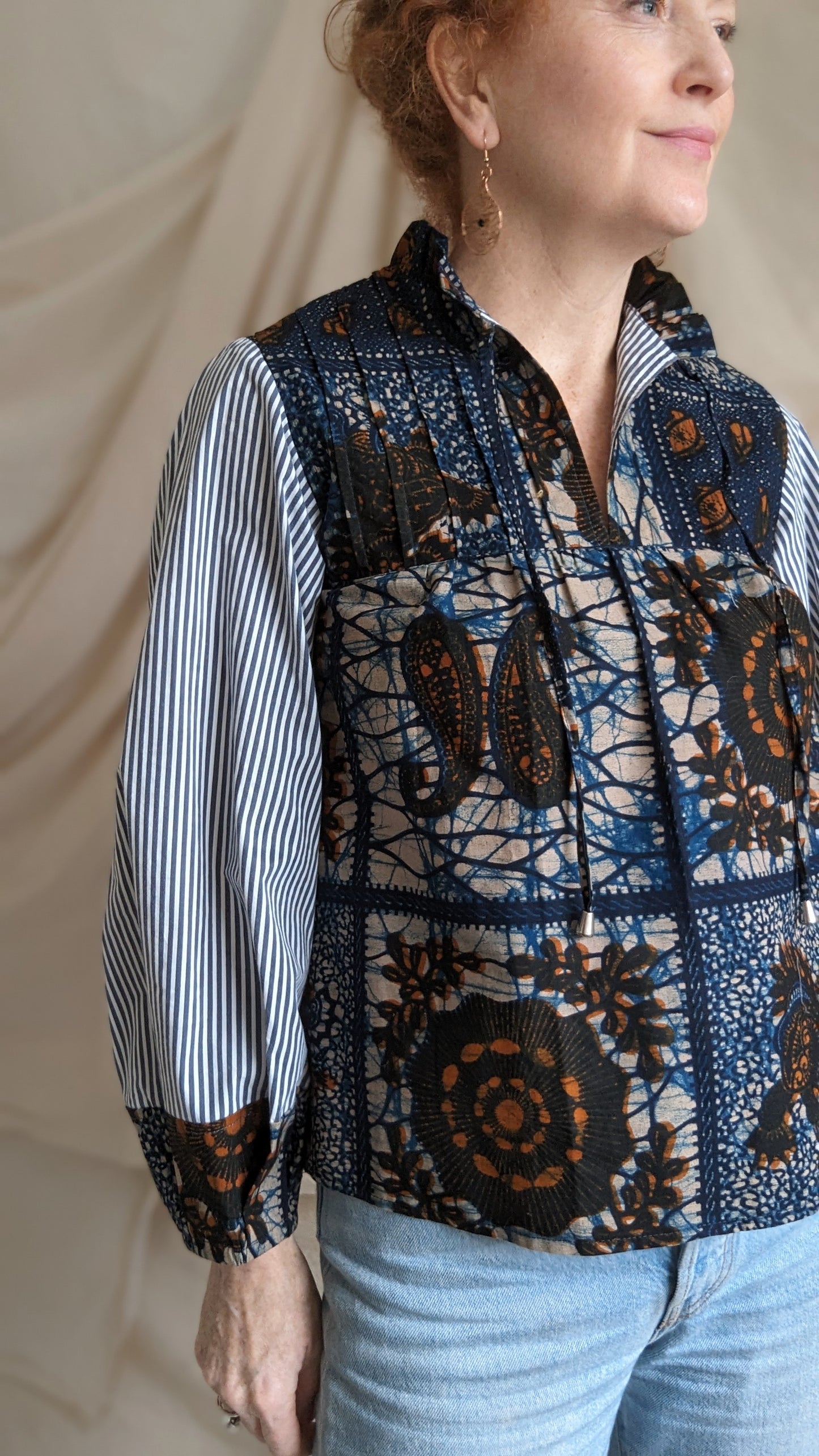 Meg Top with Upcycled Cotton Batik S/M #MEGTOP14