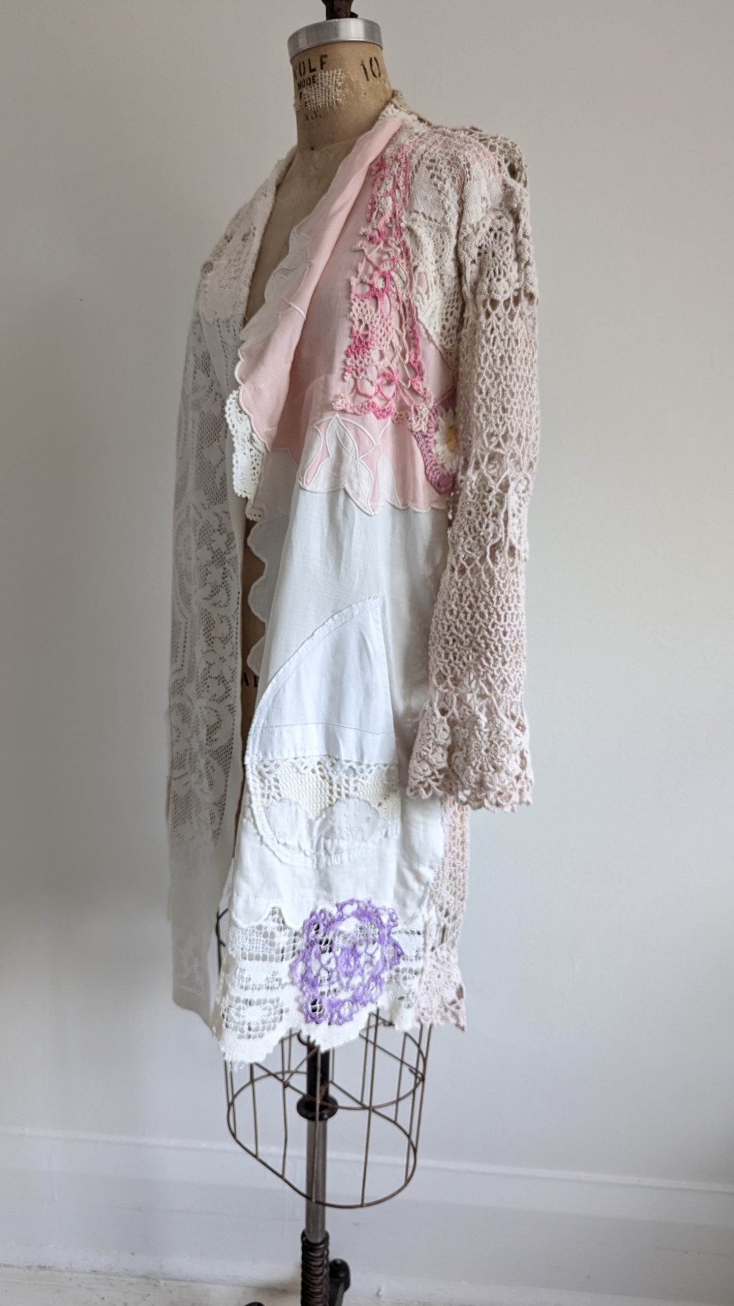 Vivianne Duster with Upcycled Cotton Crochet & Lace Patchwork Size M/L #VIVCR8