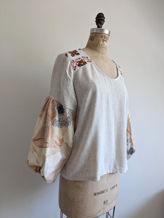 Aster Top with Upcycled Vintage Cottons & Linens - Oat  Size L #AST21