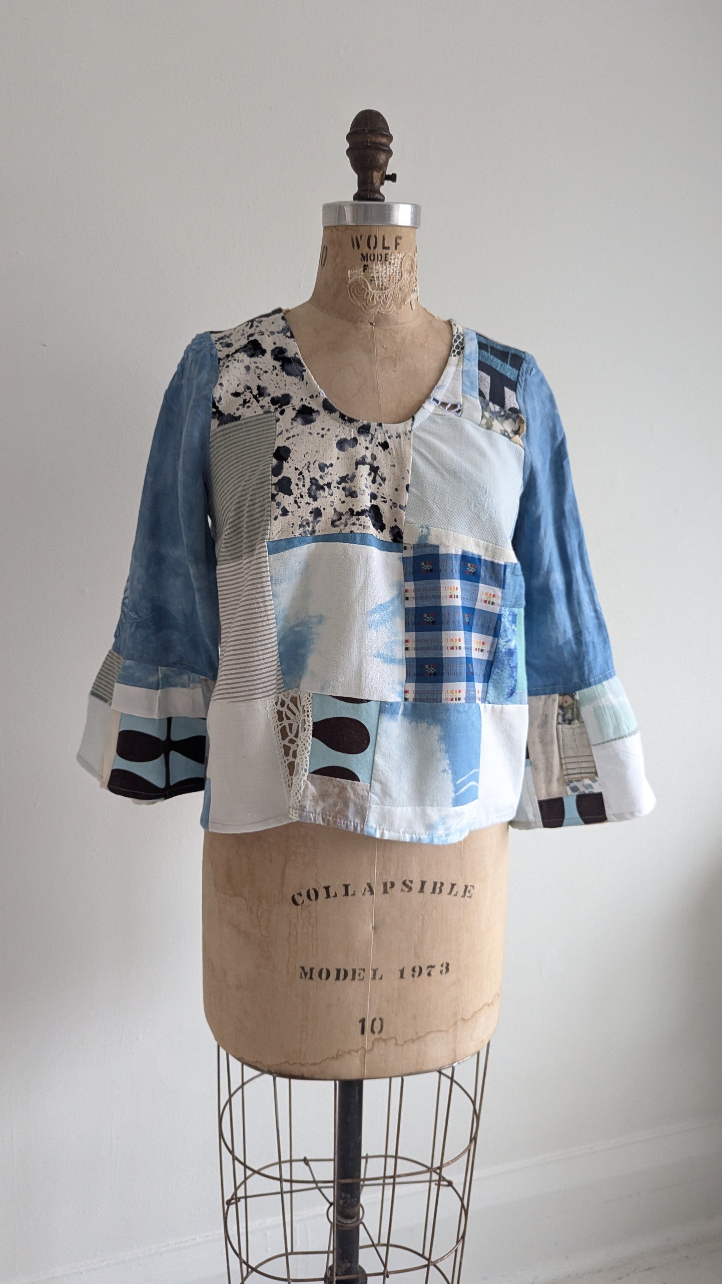 Chloe Top with Vintage Patchworked Embroidered Cotton & Lace Naturally Indigo Dyed Size XS #CHL10