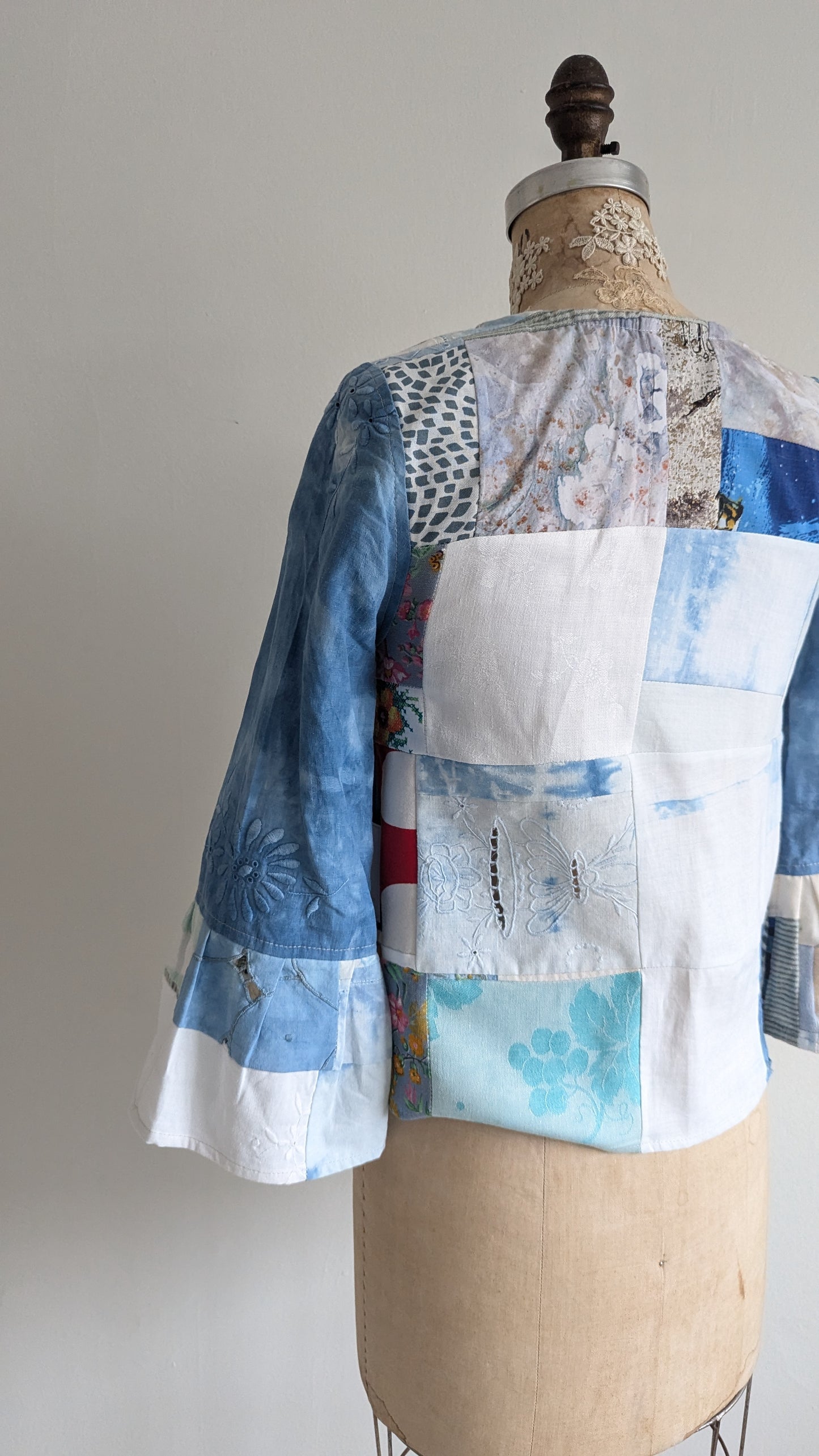 Chloe Top with Vintage Patchworked Embroidered Cotton & Lace Naturally Indigo Dyed Size XS #CHL10