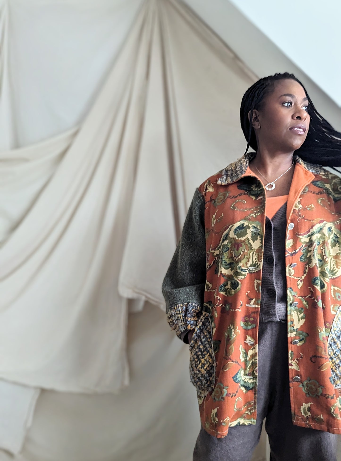 Inga Jacket with Vintage Wool & Upcycled Drapery and Boucle 2X/3X #INGA9