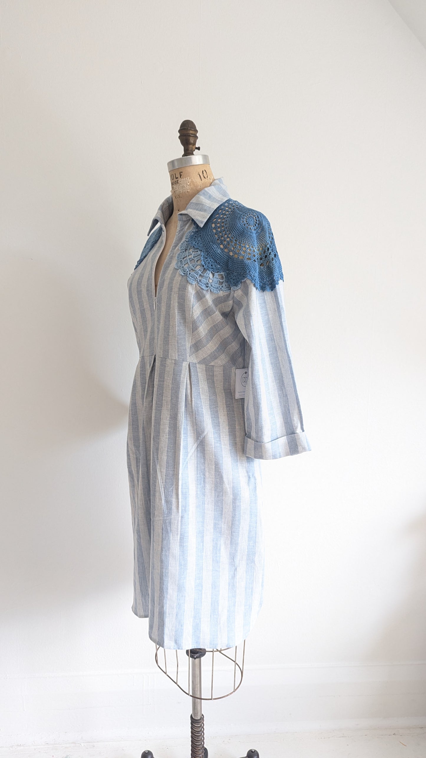 Amelie Linen & Cotton Shirt Dress with Indigo Dyed Vintage Doily Upper Size S/M #AME2