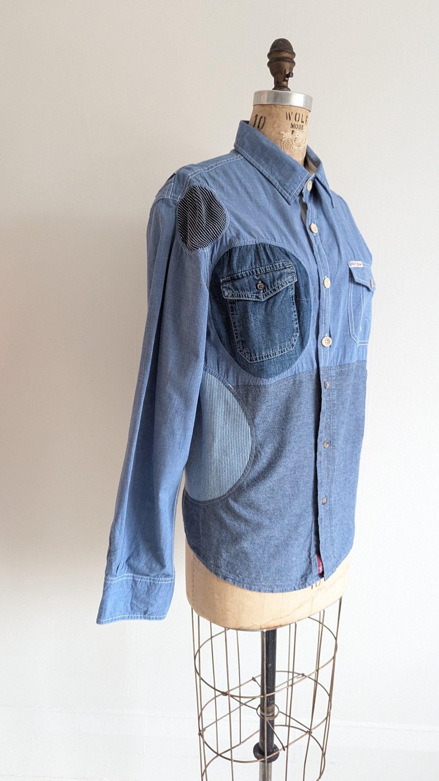 Upcycled Modern Wrangler Workwear Cotton & Denim Shirt - Circle Series Size M #DEN13