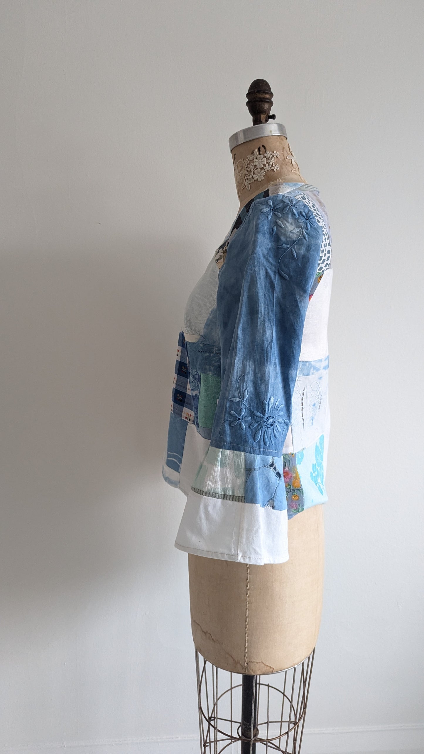 Chloe Top with Vintage Patchworked Embroidered Cotton & Lace Naturally Indigo Dyed Size XS #CHL10