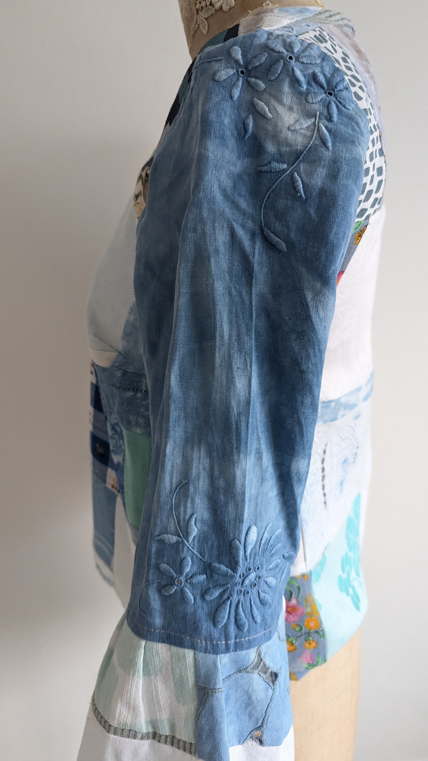Chloe Top with Vintage Patchworked Embroidered Cotton & Lace Naturally Indigo Dyed Size XS #CHL10