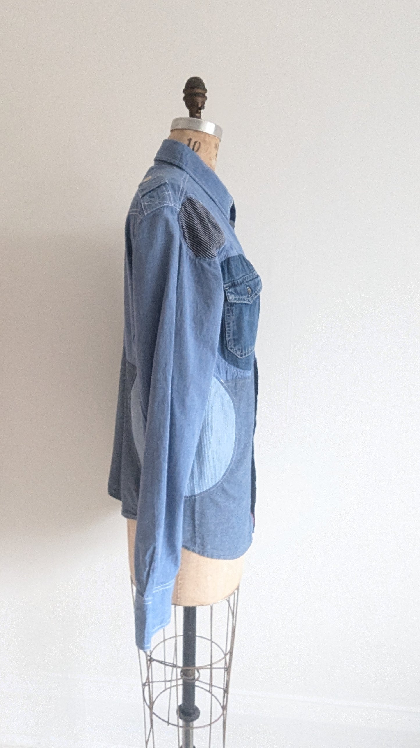 Upcycled Modern Wrangler Workwear Cotton & Denim Shirt - Circle Series Size M #DEN13