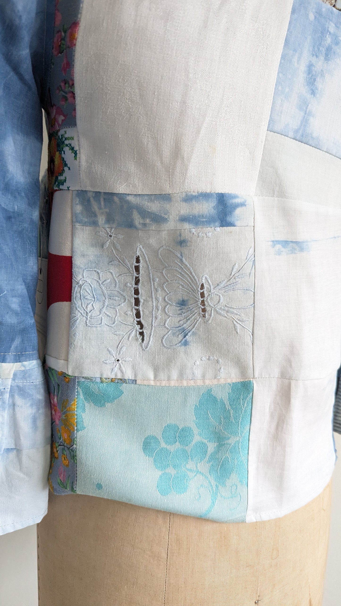 Chloe Top with Vintage Patchworked Embroidered Cotton & Lace Naturally Indigo Dyed Size XS #CHL10