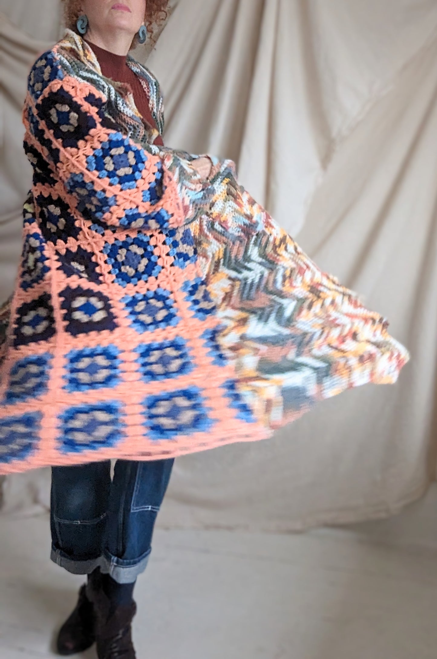 Vivianne Jacket with Vintage Granny Square Afghans Size M/L Tall #VIVA3