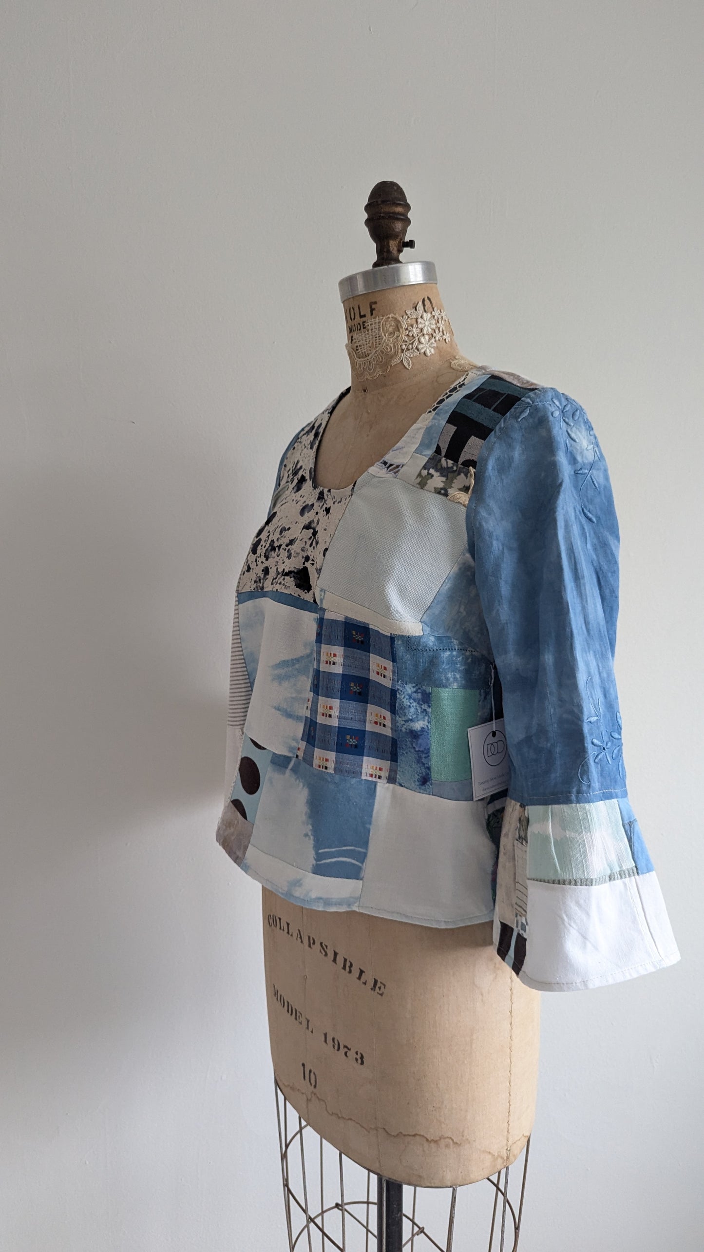 Chloe Top with Vintage Patchworked Embroidered Cotton & Lace Naturally Indigo Dyed Size XS #CHL10