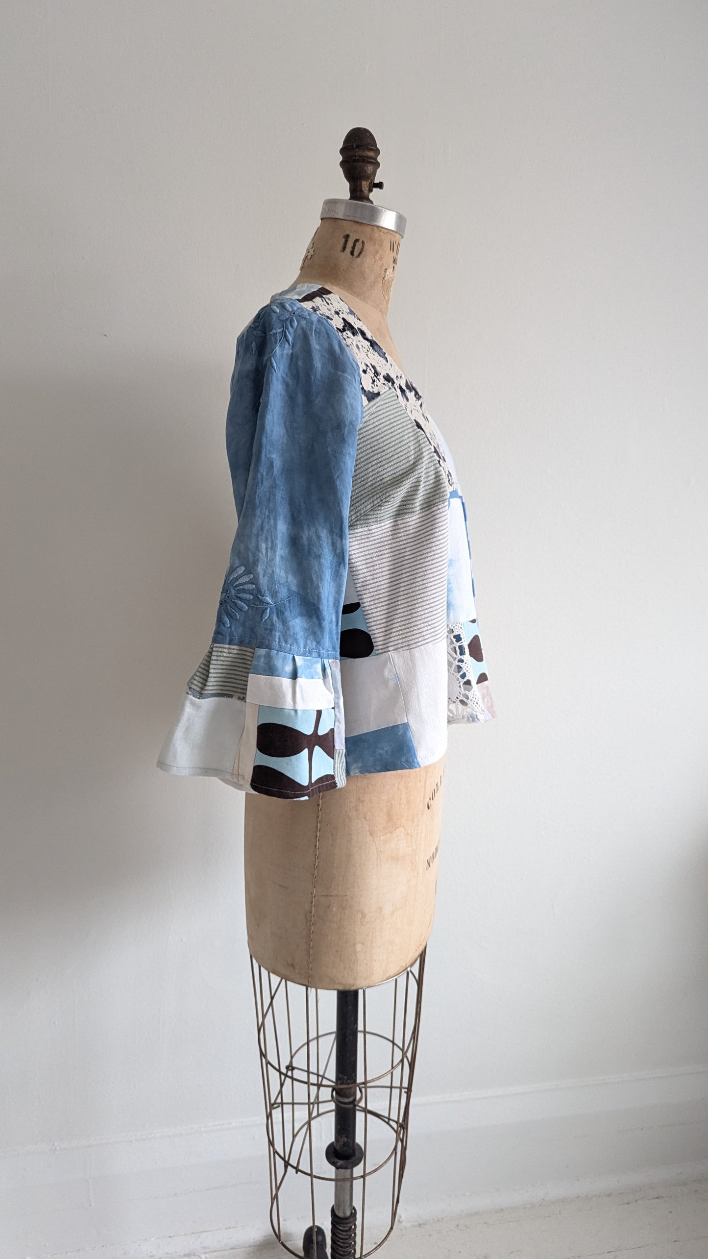 Chloe Top with Vintage Patchworked Embroidered Cotton & Lace Naturally Indigo Dyed Size XS #CHL10